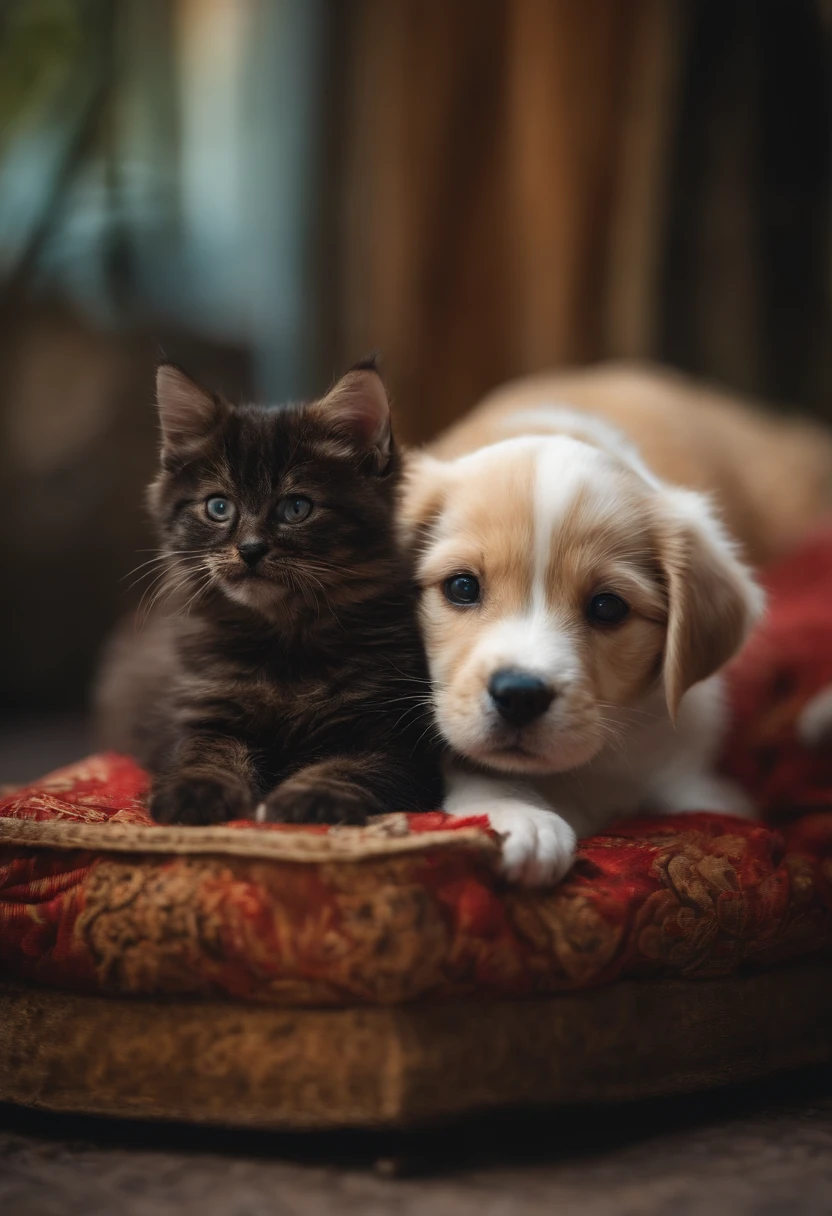 GATO E CACHORRO JUNTOS . O CACHORRO SENTADO COM AS PATAS ESTICADAS, CAT WITH ITS HEAD IN THE DOG'S FUCINHO. CACHORRO COM UM AR SERENO OLHANDO PARA O GATO . COMO AMIGOS