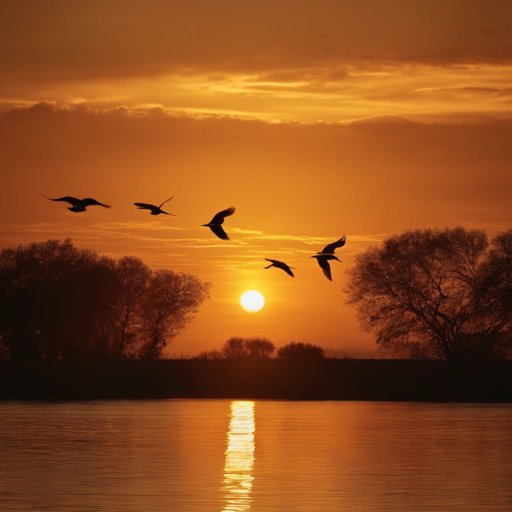 The sunset and the lonely birds fly together,The autumn water is the same for a long time,Soft gold tones depict the horizon of water and sky,IMAGE IN 2560X1440 PIXEL FORMAT