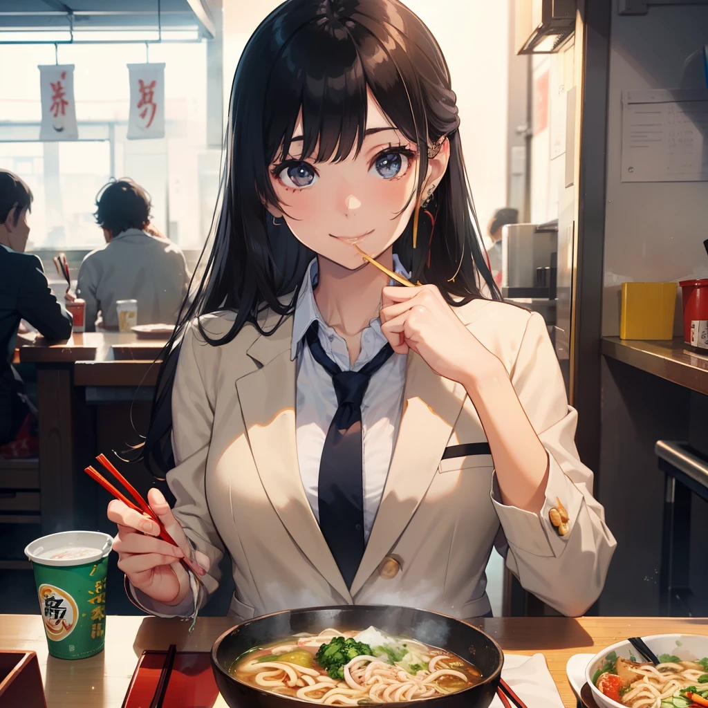 1 beauty, Female college student, Watery Big Eyes，blazer and tie, (Happy smile)，long eyelasher, Blushlush，Black perm hair, At the counter seat of a special ramen shop,1 ramen noodle, (Hold chopsticks skillfully with your right hand),(With smiling eyes,Bring the noodles picked up with chopsticks to your mouth with your right hand.),((Eat noodles deliciously)),(Eat cleanly), Hang your bangs over your ears with your left hand