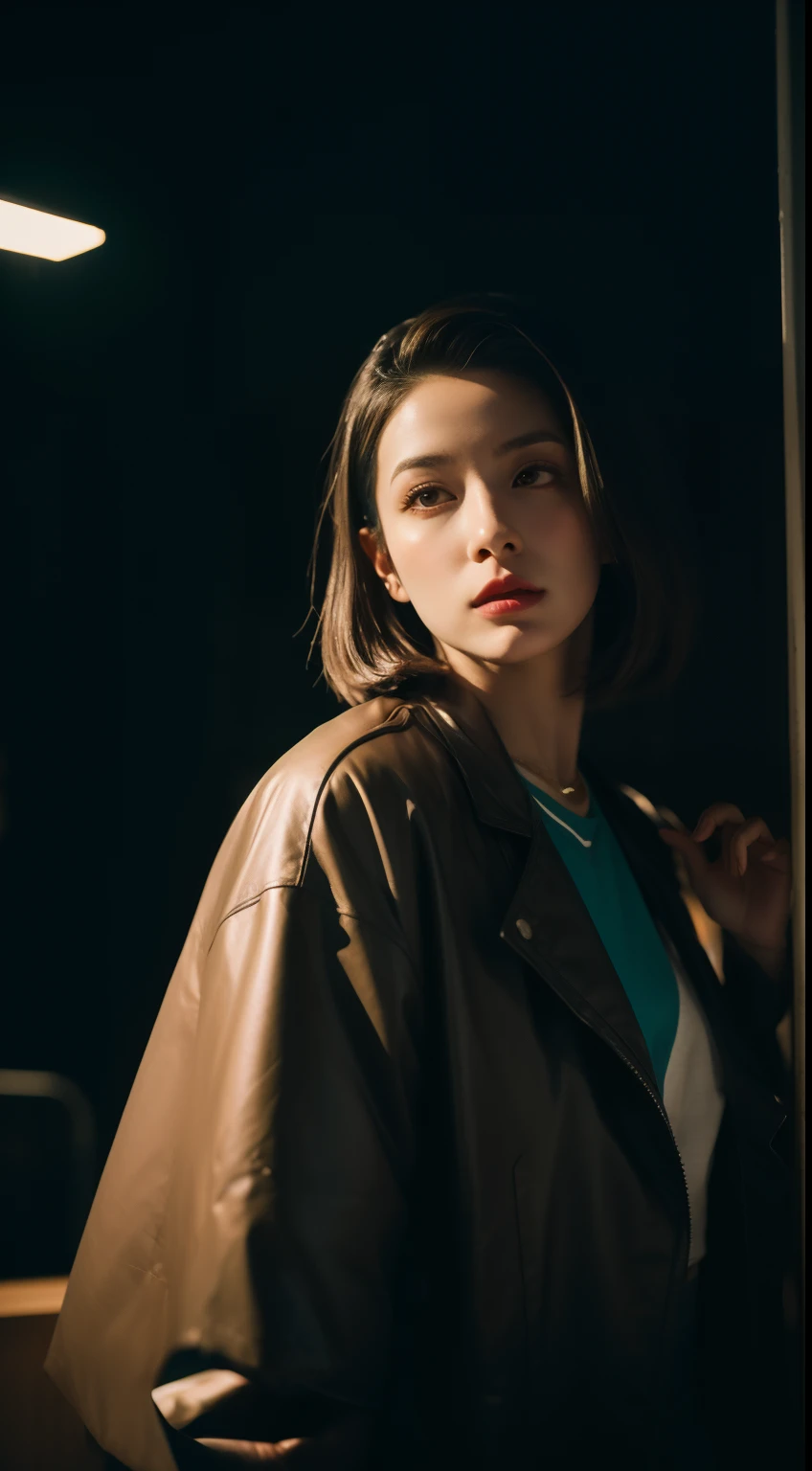 obra prima、alta qualidade、soio、modelo bonito、back lighting、cabelo bonito、Um olhar detalhado、dramatic scenes、A la Fed woman sitting on a city bench with neon sign, Blade Runners Ar、Esbian de corpo inteiro、cinemactic. Leng Jun, Estilo anime misturado com Fujifilm, Retrato no meio da foto, Cyberpunk Streetwear, inspirado em Liam Wong, inspired by Kanō Naizen, vibe cyberpunk, Foto cyberpunk, estilo cyberpunk silenciado, medium shot portrait, estilo cyberpunk hiper-realista, usando streetwear cyberpunk、Powerful hand pose、low-up angles、lente grande-angular、Lente de 14mm、sigma、Profundidade do assunto、8k high resolution、Antecedentes detalhados、Desenho com detalhes de cabelo aprimorados、Um rosto detalhado、Mais cabelo、nariz detalhado、boca detalhada、corpo detalhado、looks into the camera、detalhes do cabelo