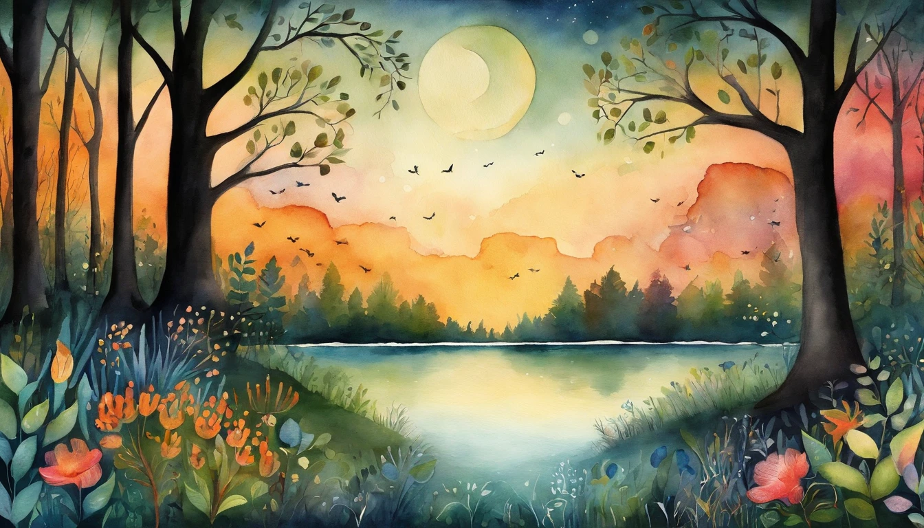 illustration of children's books, fundo de floresta noturna, bosque encantado, starly sky, caminho do bosque, lagoa, floresta, flores, vagalumes, livro de historias infantis.