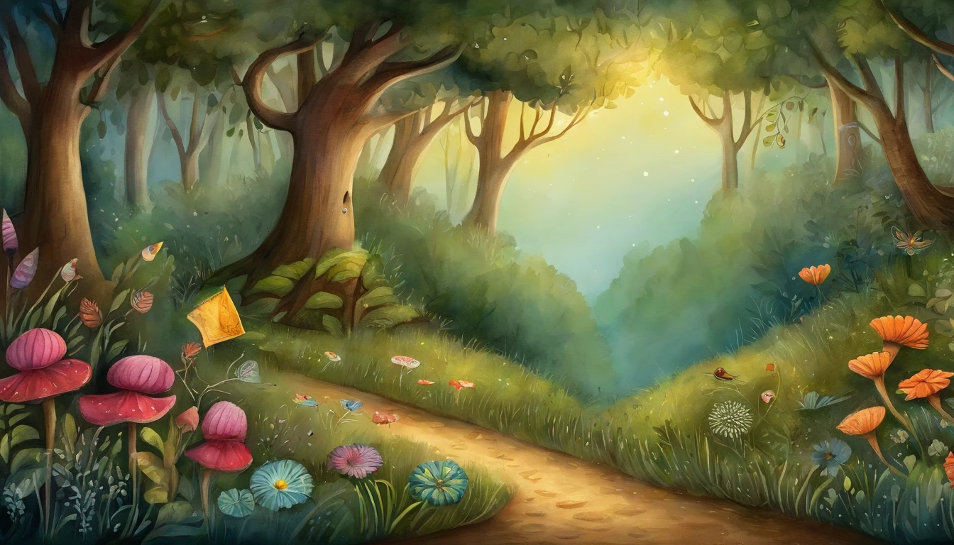 illustration of children's books, fundo de floresta noturna, bosque encantado, starly sky, caminho do bosque, lagoa, floresta, flores, vagalumes, livro de historias infantis.
