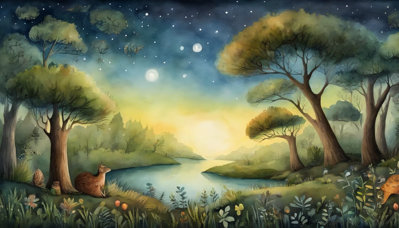 illustration of children's books, fundo de floresta noturna, bosque encantado, starly sky, caminho do bosque, lagoa, floresta, flores, vagalumes, livro de historias infantis.