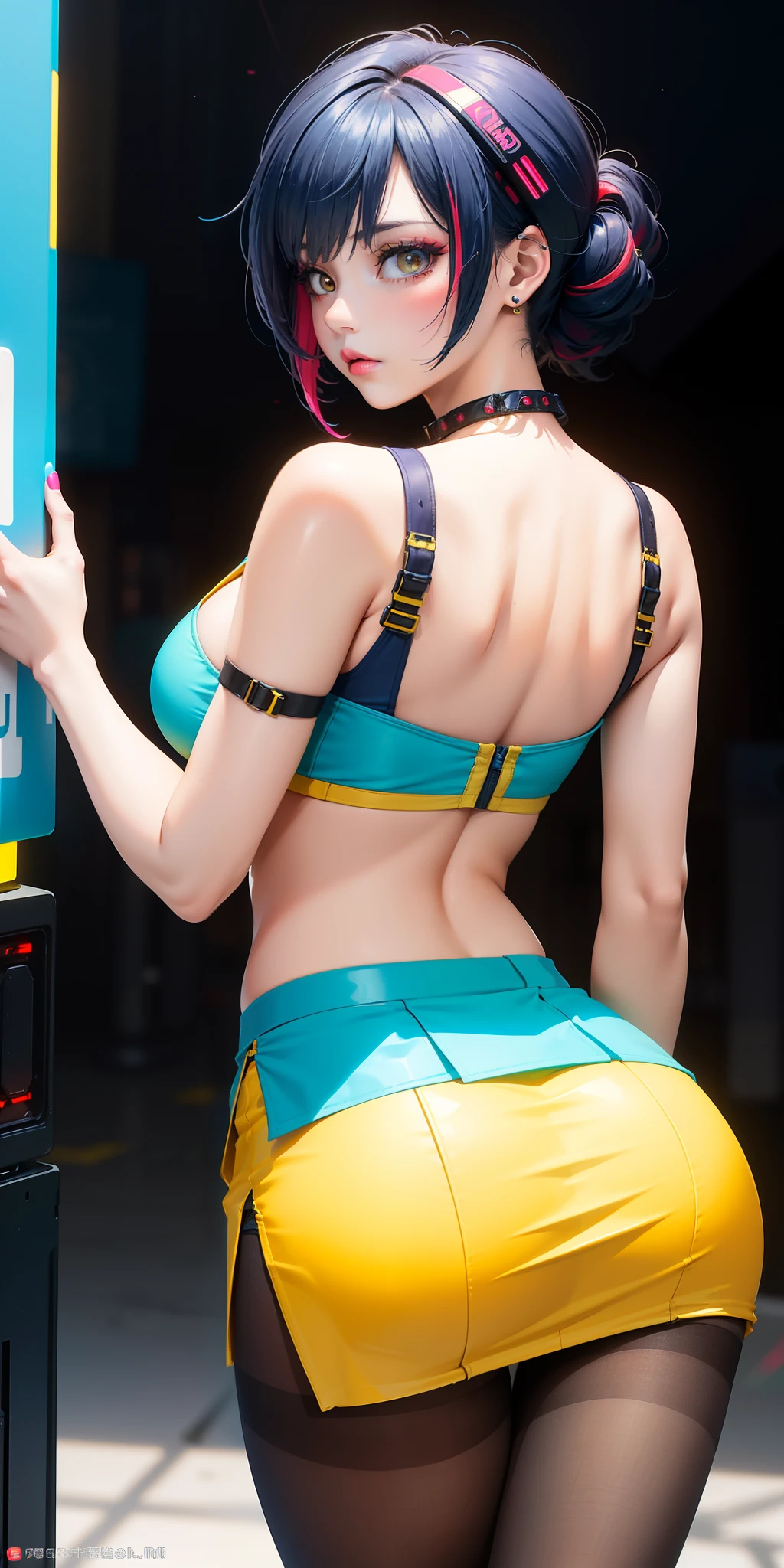 Medium and perfect breasts ((1 beautiful and cute girl)) ((this girl is very sensual)) ((Short yellow cyberpunk style clothes)), ((cleavage)) Red pantyhose, ((Blue mini skirt)), lips parted, ((looking back)) ((perfect, pert butt)) superior quality (hyper-realistic details) ((masterpiece)) vivid colors