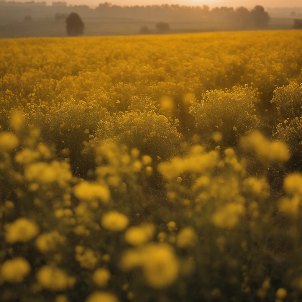 The tranquility of rape flowers blooming in the morning mist at autumn dawn,Soft golden tones depict the horizon of the flower fields and the sky,Scattered towards small wildflowers,IMAGE IN 2560X1440 PIXEL FORMAT