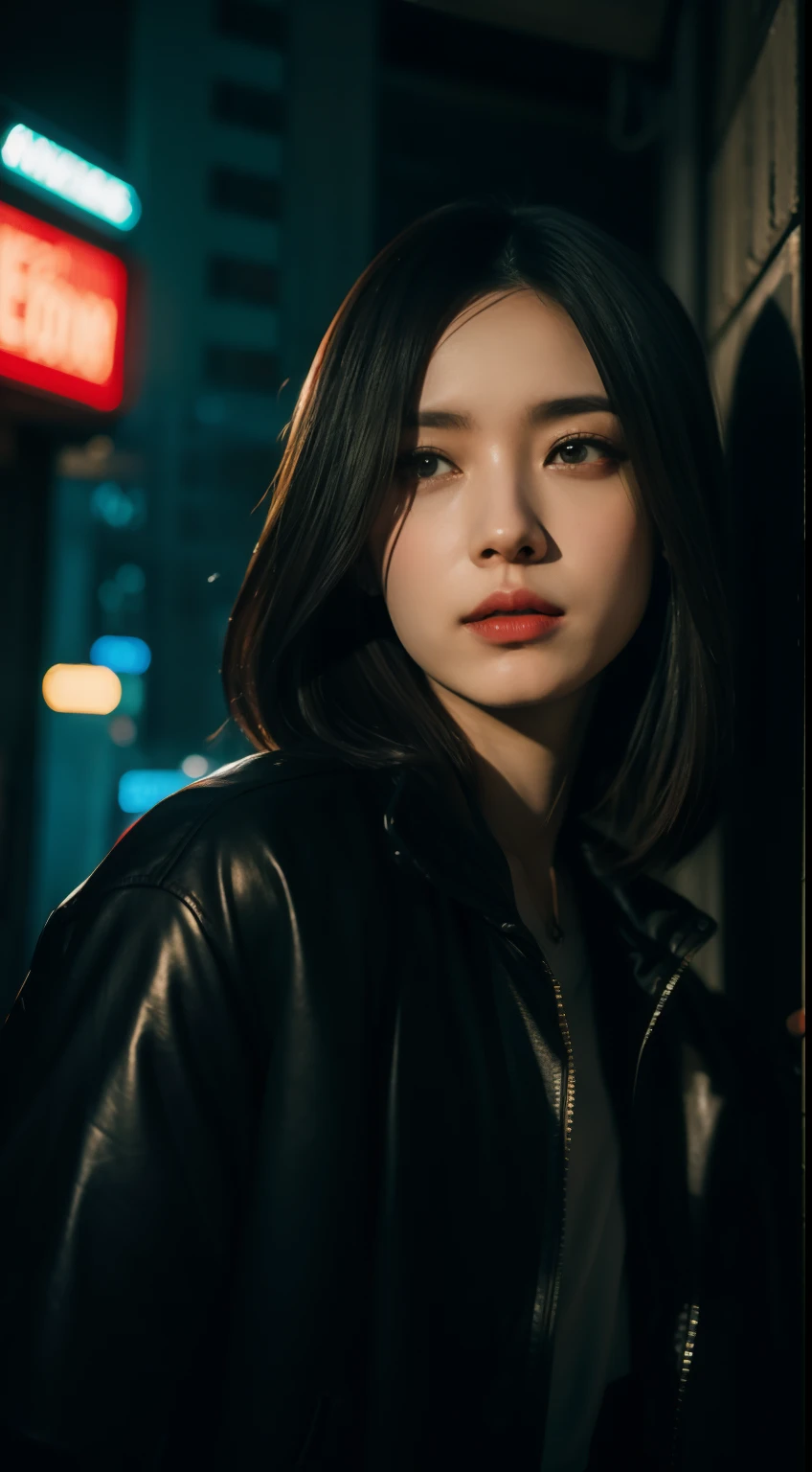 obra prima、alta qualidade、soio、modelo bonito、back lighting、cabelo bonito、Um olhar detalhado、dramatic scenes、A la Fed woman sitting on a city bench with neon sign, Blade Runners Ar、Esbian de corpo inteiro、cinemactic. Leng Jun, Estilo anime misturado com Fujifilm, Retrato no meio da foto, Cyberpunk Streetwear, inspirado em Liam Wong, inspired by Kanō Naizen, vibe cyberpunk, Foto cyberpunk, estilo cyberpunk silenciado, medium shot portrait, estilo cyberpunk hiper-realista, usando streetwear cyberpunk、Powerful hand pose、low-up angles、lente grande-angular、Lente de 14mm、sigma、Profundidade do assunto、8k high resolution、Antecedentes detalhados、Desenho com detalhes de cabelo aprimorados、Um rosto detalhado、Mais cabelo、nariz detalhado、boca detalhada、corpo detalhado、looks into the camera、detalhes do cabelo