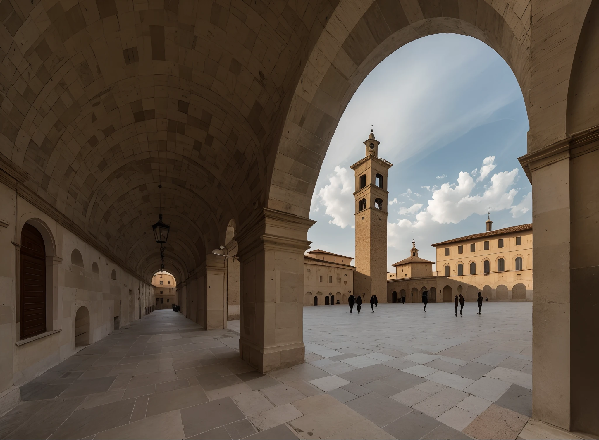 there is a large building with a clock tower in the background, by Alessandro Galli Bibiena, by Carlo Martini, a wide open courtyard in an epic, by Francesco Raibolini, by Vito D'Ancona, wideangle portrait, by Alfredo Volpi, by Luca Zontini, wide angle photograph, there are archways, by Francesco Furini