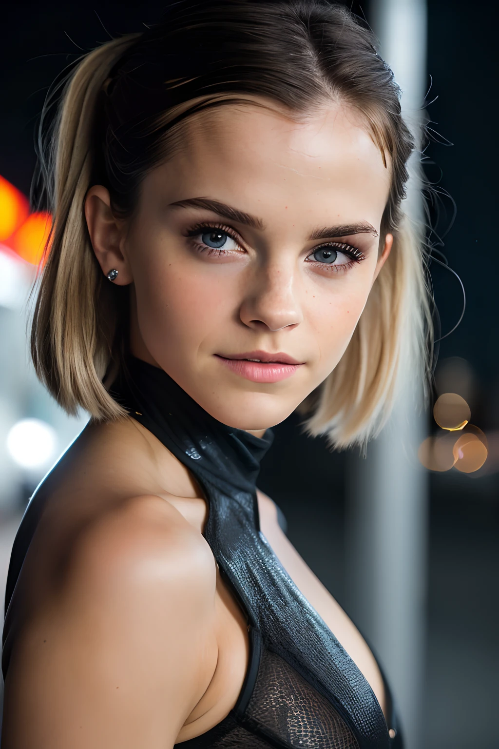 little Emma Watson, (taking selfies, Overhead view: 1,4), (straight half of the torso: 1,4), Portrait photo of a 24-year-old blonde in RAW UHD format (Blue-eyed woman), pigtails, Haircut for a boy , Walk down the dark alley, natutal breasts_b, night city, ( Black Tactical Clothing), (décolleté), in detail (textures!, hairsh!, glistering, a color!!, imperfections: 1.1), highly detailed glossy eyes, stands with his back, ass, ass, is worth cancer, thongs, (is looking at the camera), flirts with the camera, Wet, after rain, specular lighting, DSLR camera, ultra quality, sharp-focus, sharpness, Depth of field, film grains, (centred), Fujifilm XT3, Crystal clear, big breastes, naked torso, The center of the frame, pretty face, sharp-focus, street lamp, neon lights, bokeh, (dimly lit), Low key, in night, (night  sky ) detailed skin pores, oiled skin, suntan, Complex eye details