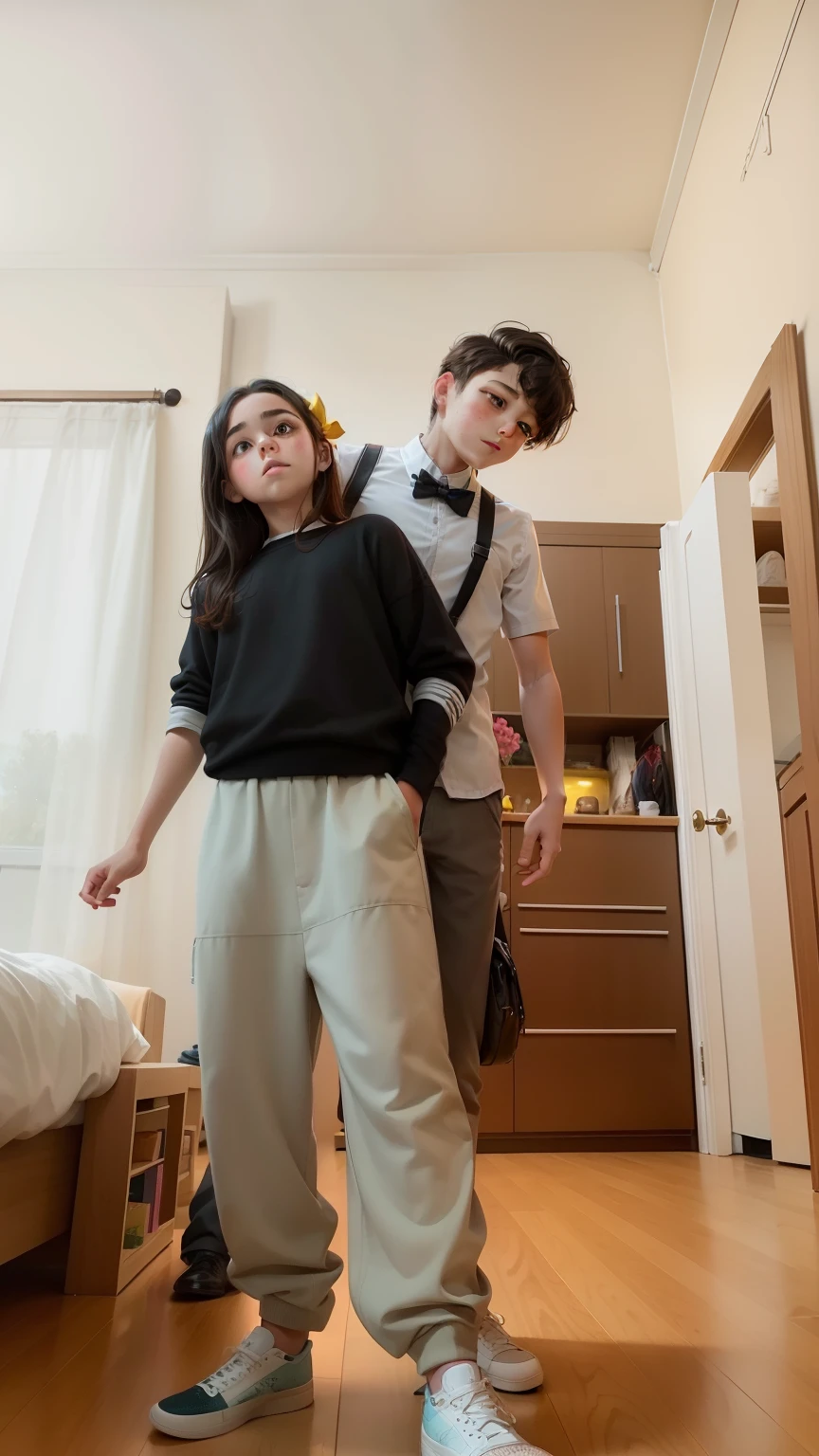 A boy and a girl stand against the background of a background. The boy is dressed in a tie, And a girl in a dress. They both have yellow and a slight blush on their cheeks. The boy has a bow tie, And the girl has a bow in her hair. Overall image quality of the best quality, with ultra-detailed elements and realism, photo realistic style. The colors are vibrant, And the lighting is soft, creating a warm and inviting ambience.
INFO 8k