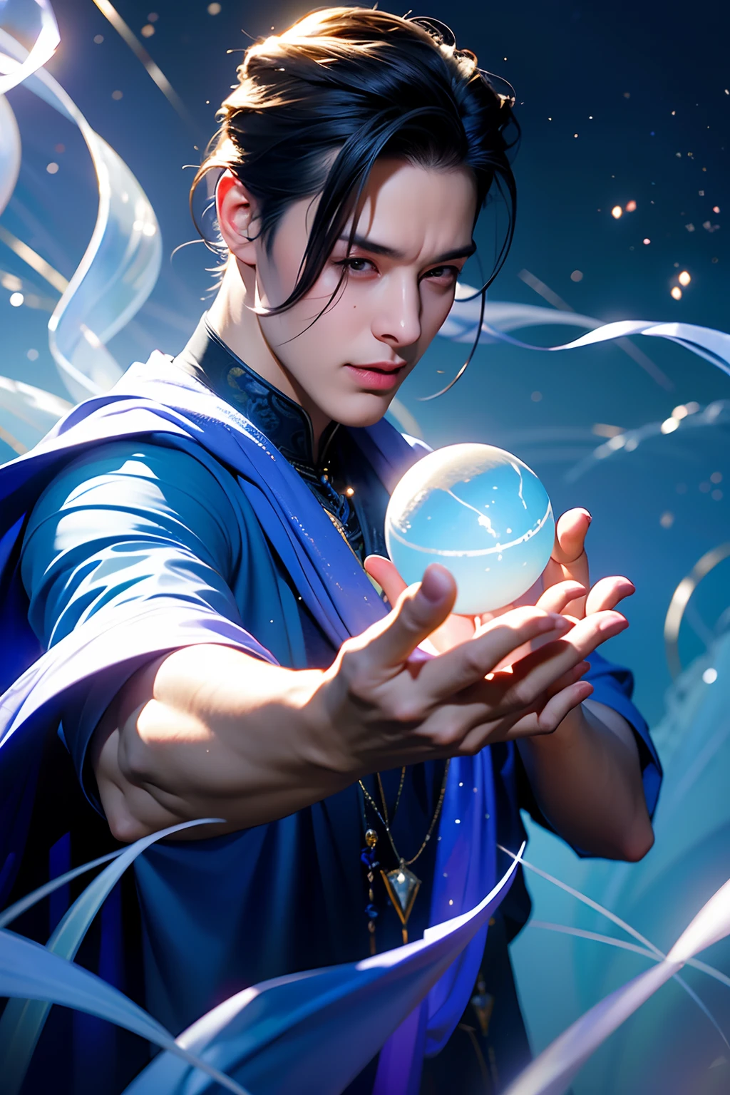 （best qulity，The Masterpiece），（Ultra-detailed colors），A detailed painting depicting A handsome 35-year-old Chinese mature man in a suit surrounded by a flurry of glowing Magic The Gathering cards and the book Dungeons and Dragons in the center.