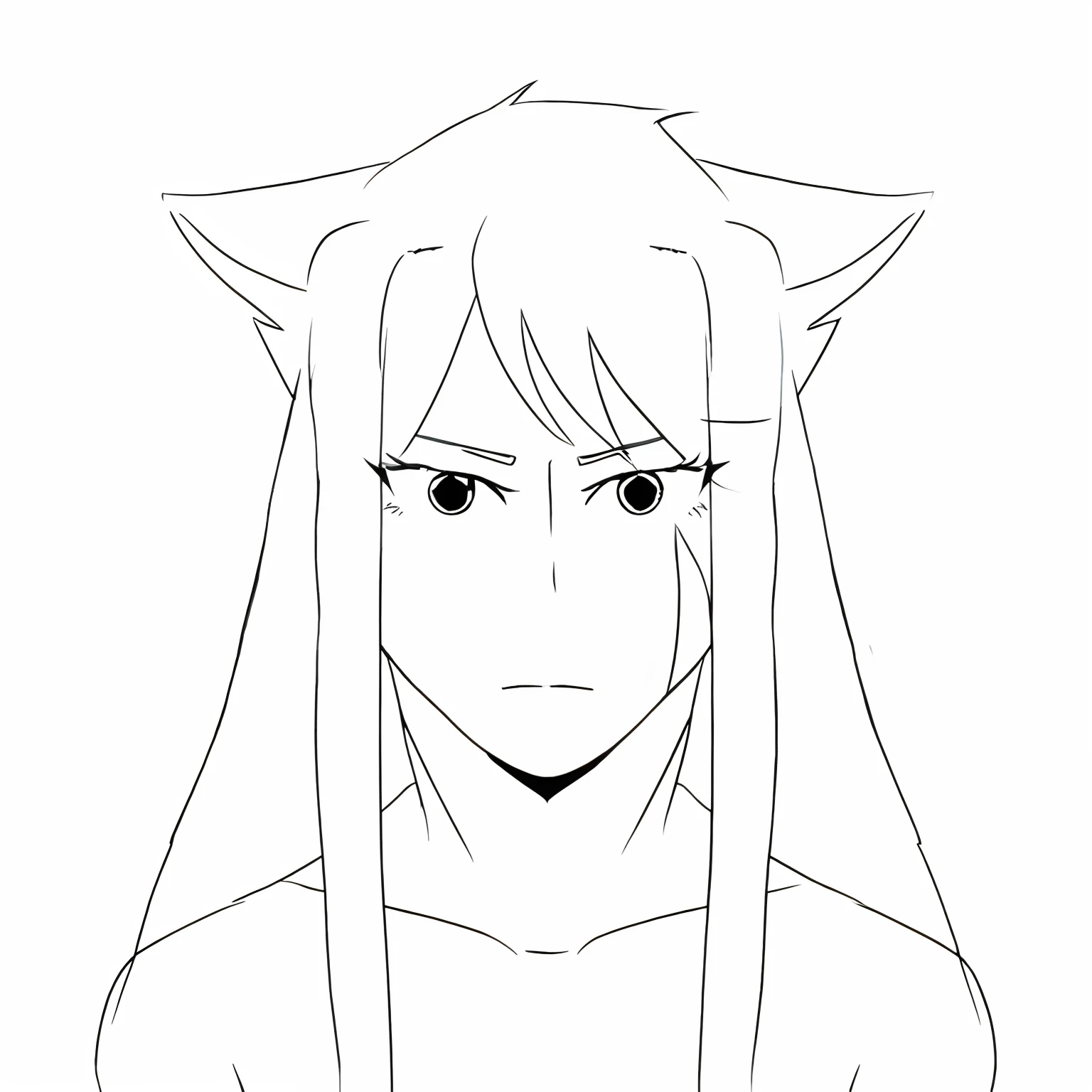 A drawing of a girl with long hair and cat ears, Lineart simple, ombrage plat de style realiste, Long-haired humanoid Fursona, Clean lineart, Dessin au trait intense, Anime shading),Detailed realistic face, Lineart parfait, Real-style character , Detailed face of human, photorealism