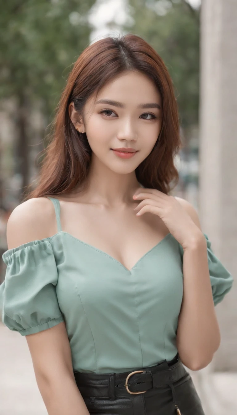 City pop,argent,blouse,basic crop top,green,woman leather bag,college building,universe, face the camera, smile, 19 year old girl, cute girl, beautiful girl, indonesian model, white healthy skin, delicate eyes, tied-up hair, ethnic earrings, golden tiara, full body photo, realistic hands, realistic fingers, natural hands, natural fingers, (sexy body:1.2), (slim waist:1.2