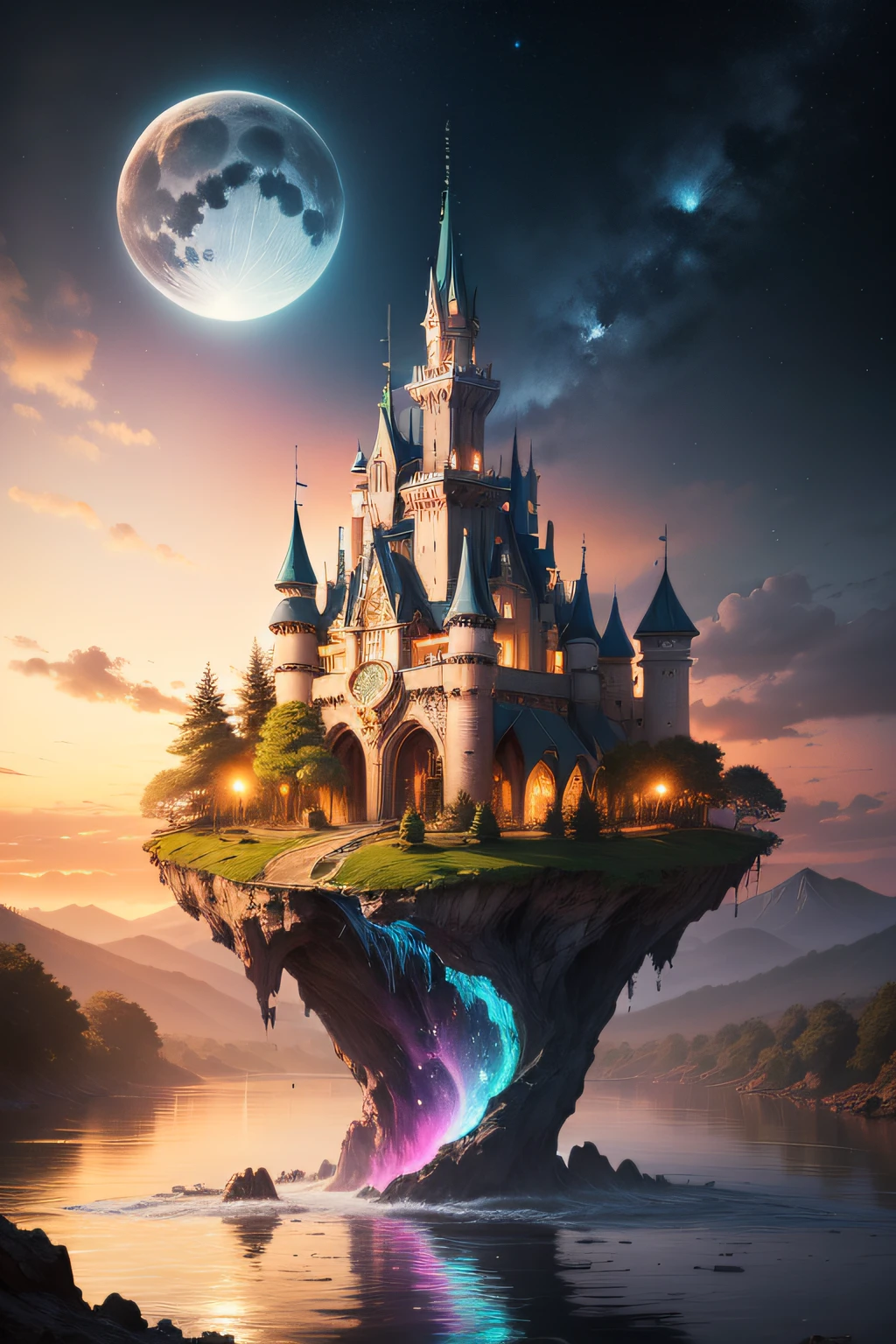 Imagine a twilight world where stars cascade like liquid silver, illuminating an ancient forest adorned with radiant, glowing plants. A tranquil river winds through, reflecting both the heavens and the dreams of those who gaze into it. An enchanted stone arch hums with magic, leading to a realm where constellations respond to your presence.
A majestic creature, part swan and unicorn, exudes wisdom and protection. Floating islands bear gravity-defying castles that blend with the sky, waterfalls of stardust flowing between them. A bustling market square hosts mystical beings offering exotic treasures - moonlit crystals, enchanted books, and iridescent potions.
The air is alive with magical melodies, uniting nature and mysticism. This realm invites belief in the extraordinary and the embrace of enchantment."