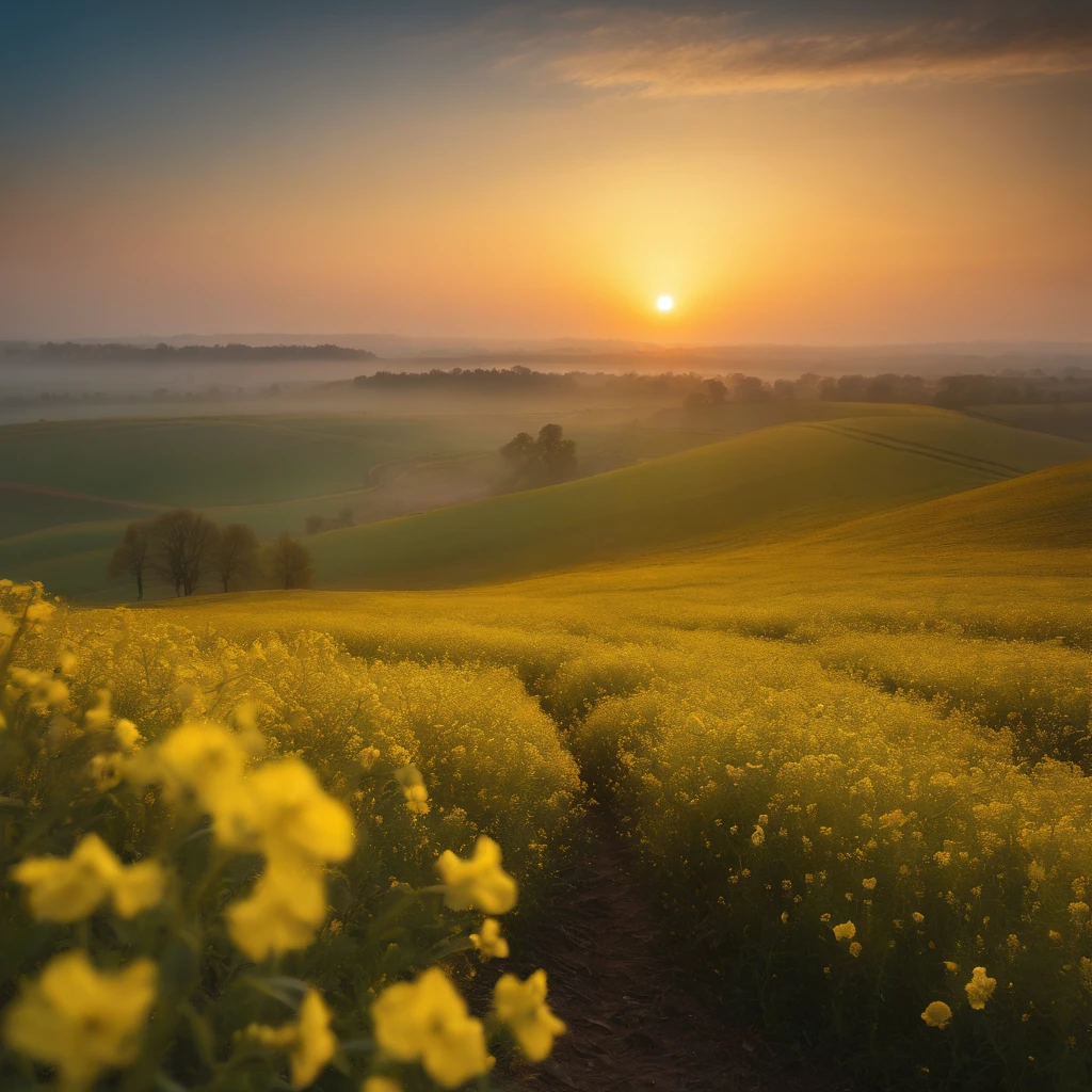The tranquility of rape flowers blooming in the morning mist at autumn dawn,Soft golden tones depict the horizon of the flower fields and the sky,Scattered towards small wildflowers,IMAGE IN 2560X1440 PIXEL FORMAT