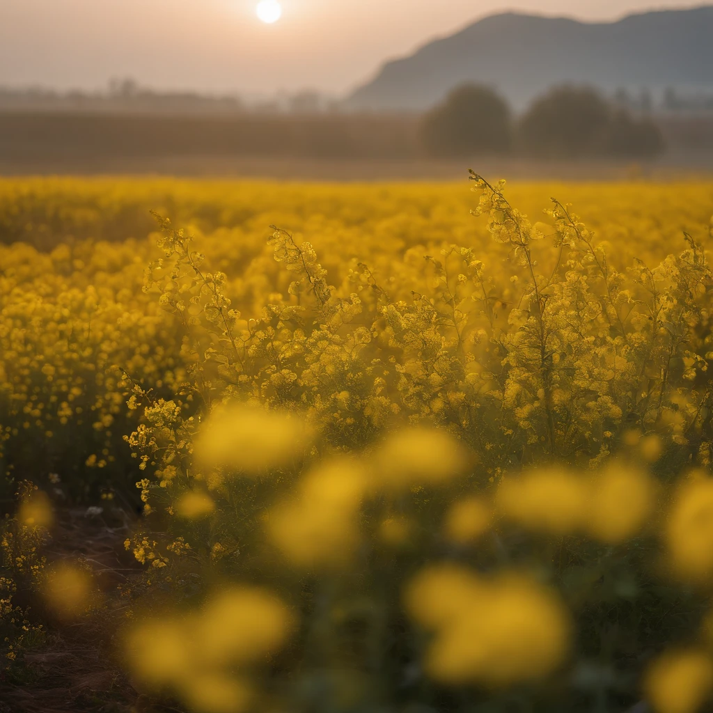 The tranquility of rape flowers blooming in the morning mist at autumn dawn，Soft golden tones depict the horizon of the flower fields and the sky，Scattered towards small wildflowers，IMAGE IN 2560X1440 PIXEL FORMAT