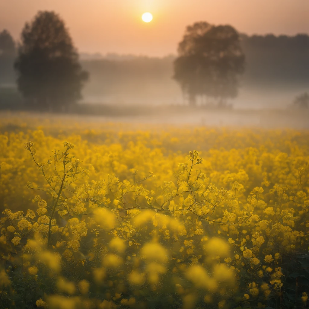 The tranquility of rape flowers blooming in the morning mist at autumn dawn,Soft golden tones depict the horizon of the flower fields and the sky,Scattered towards small wildflowers,IMAGE IN 2560X1440 PIXEL FORMAT