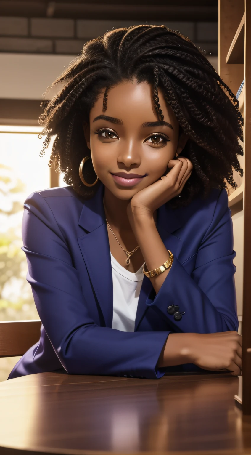 uma jovem africana, pele morena, pele escura, usando joias, olhos castanhos sorriso no rosto belo olhar, cabelo escuro, cabelo cacheado, wavy hair brown brunette a lilac lilac blazer, blazer mais fechado, sem decote, seios pequeno, peito pequeno, imagem corporal sentado em um cadera com , Hands resting facing the table, a conversation with someone, entrepreneur, profissional, viver, dono de joalheria, 25 years looking directed at high quality 4K camera;