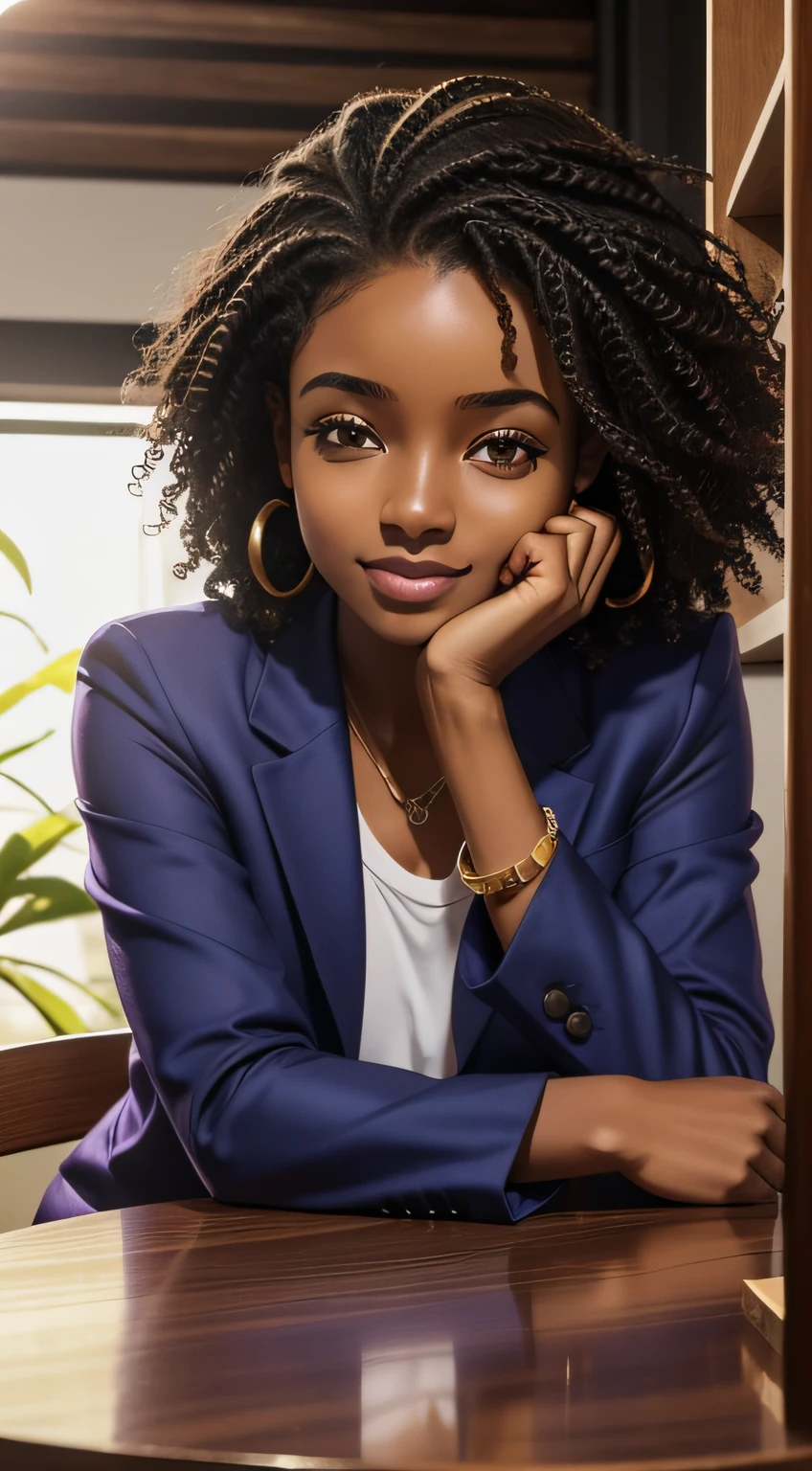 uma jovem africana, pele morena, pele escura, usando joias, vestindo joias olhos castanhos sorriso no rosto belo olhar, cabelo escuro, cabelo cacheado, wavy hair brunette brown a light lilac lilac blazer, blazerroxo claro blazer mais fechado, sem decote, seios pequeno, peito pequeno, Standing body image, Hands resting from the front, Camera front view, a conversation with someone, entrepreneur, profissional, viver, dono de joalheria, 25 years looking directed at high quality 4K camera;