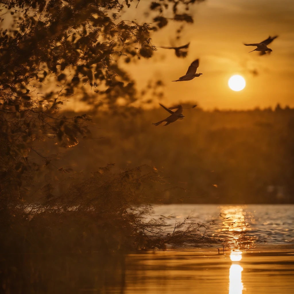 k hd，The sunset and the lonely birds fly together，The autumn water is the same for a long time，Soft gold tones depict the horizon of water and sky，IMAGE IN 2560X1440 PIXEL FORMAT
