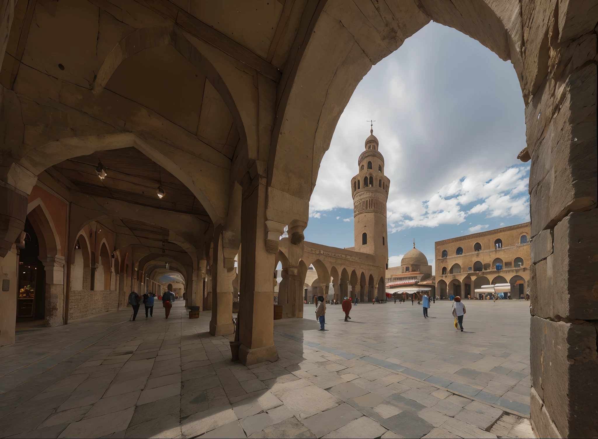 photography of an ancient city square seen by an arcade where is placed a bazar market, middle east, arab architecture, hyperrealistic