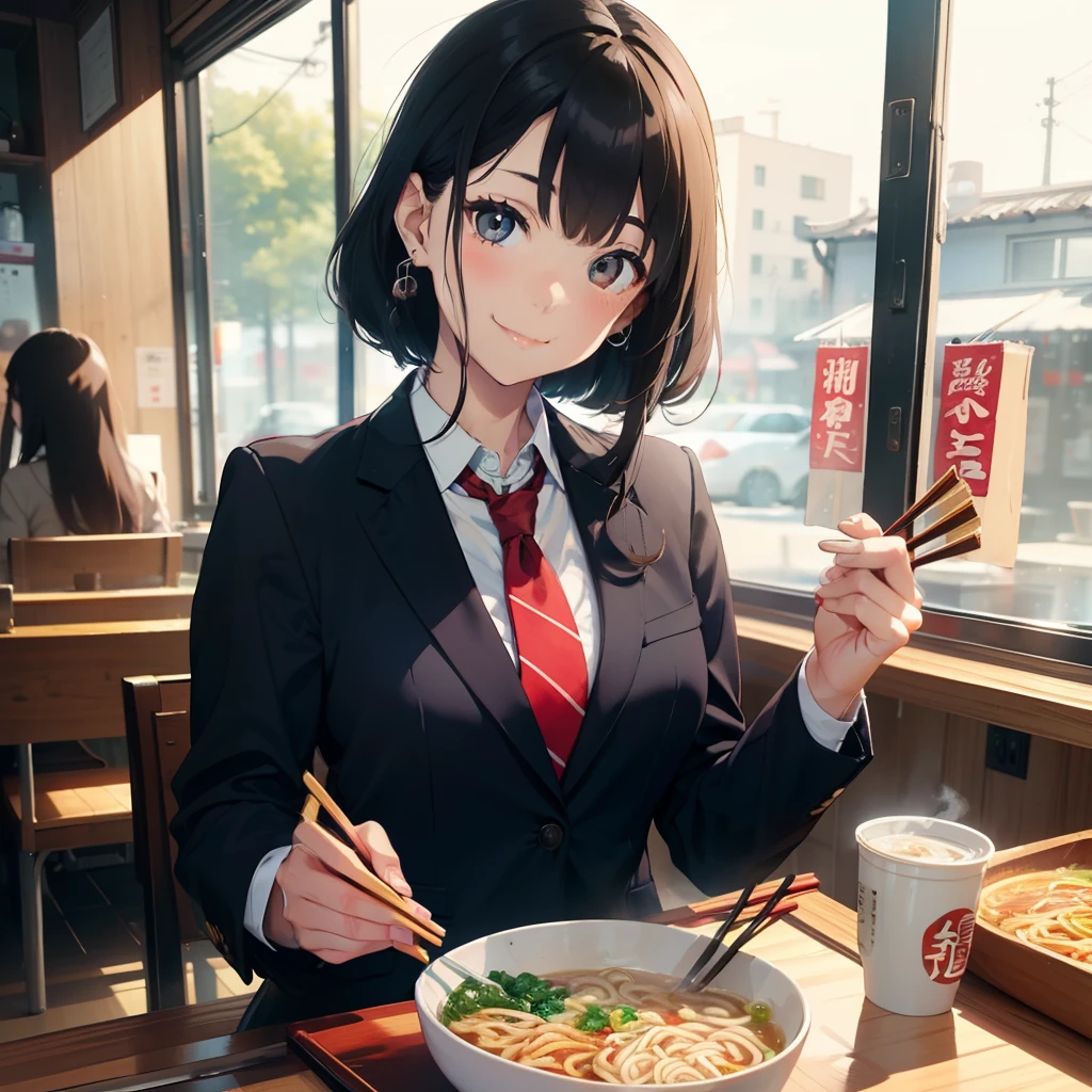 1 beauty, Female college student, Watery Big Eyes,blazer and tie, (Happy smile),long eyelasher, Blushlush,Black Perm Hair, At the counter seat of a special ramen shop,1 ramen noodle,(Perfect chopstick grip), (Skillfully holding chopsticks with right hand),(With smiling eyes,Bring the noodles picked up with chopsticks to your mouth with your right hand.),((Eat noodles deliciously)),(Eat cleanly), Hang your bangs over your ears with your left hand