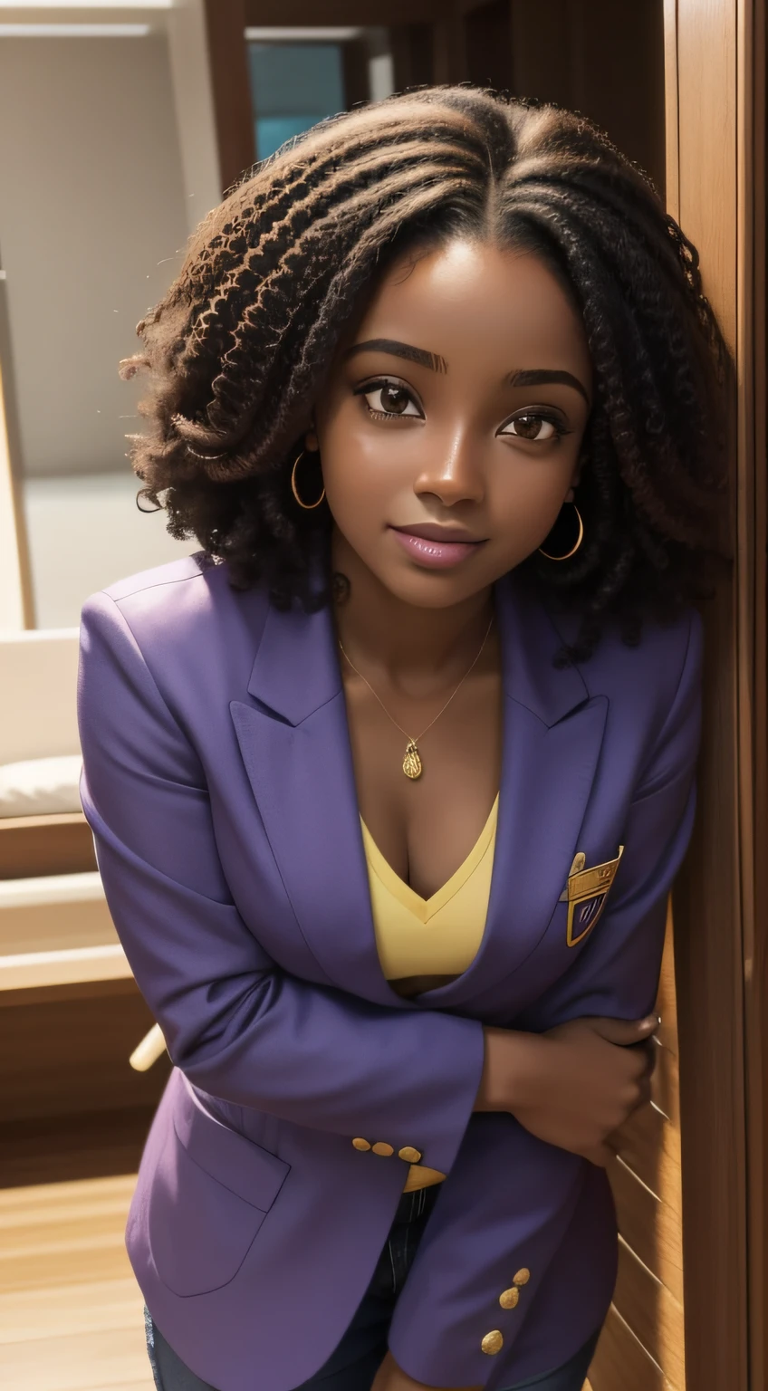 uma jovem africana, pele morena, pele escura, usando joias, vestindo joias olhos castanhos sorriso no rosto belo olhar, cabelo escuro, cabelo cacheado, wavy hair brunette brown a light lilac lilac blazer, blazer roxo claro blazer mais fechado, sem decote, seios pequeno, peito pequeno, body image standing, standing on her feet, standing posture, Standing body, loose hands, front camera view, a conversation with someone, entrepreneur, profissional, viver, dono de joalheria, 25 years looking directed at high quality 4K camera;