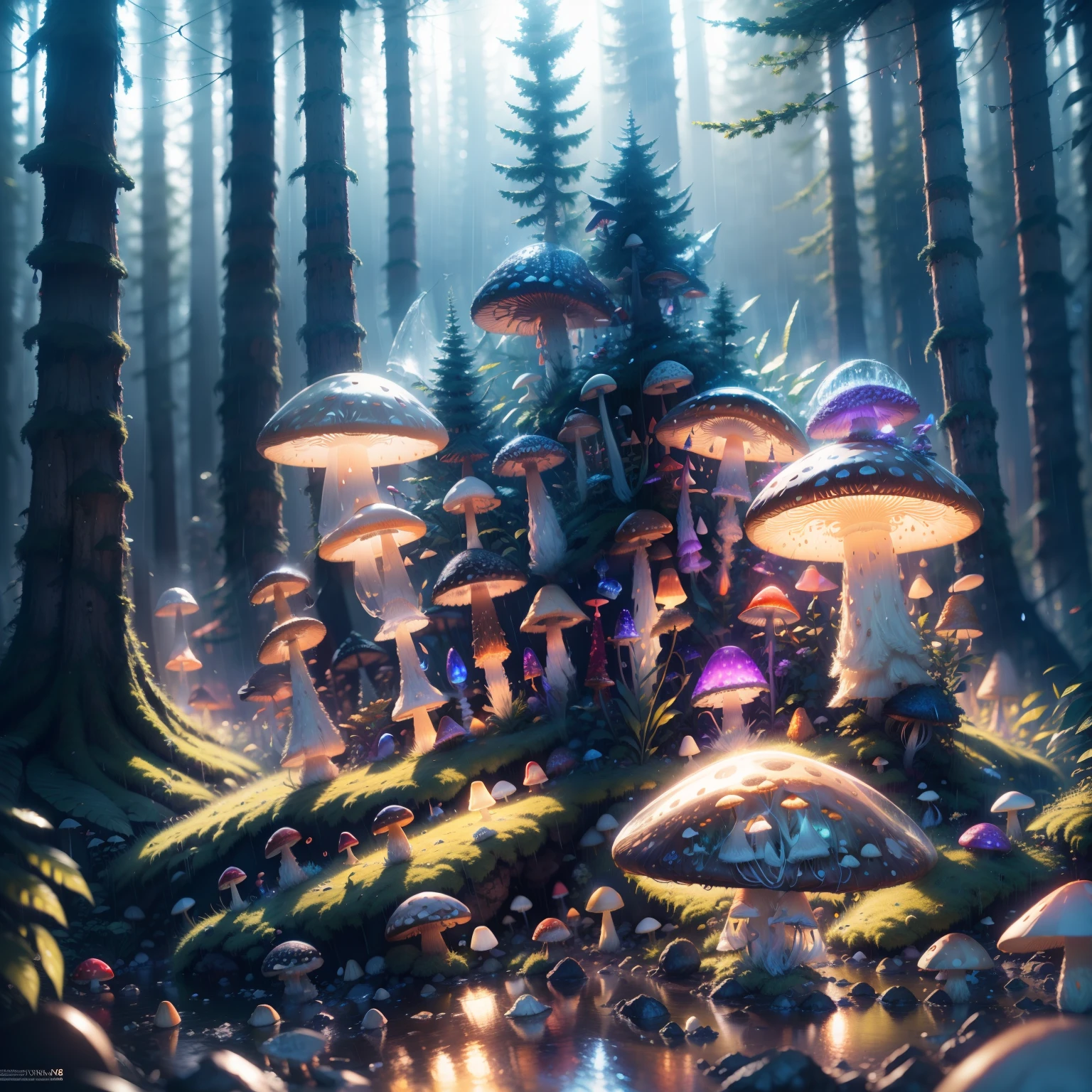 shrooms, (crystals), Amanita, ((Trees)), forest, Dense forest in torrential rain at night, raindrops pouring from trees, distant thunder rumbling, masterpiece, best quality, high quality, extremely detailed CG unity 8k wallpaper, oil painting, award winning photography, bokeh, depth of field, HDR, bloom, chromatic aberration, photorealism, very detailed, trending on artstation, trending on CGsociety, intricate, high detail, dramatic, midjourney art (volumetric lighting: 1.2)