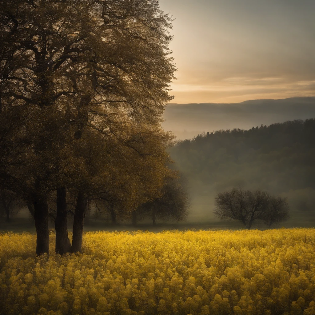 The tranquility of rape flowers blooming in the morning mist at autumn dawn,Soft golden tones depict the horizon of the flower fields and the sky,Scattered towards small wildflowers,IMAGE IN 2560X1440 PIXEL FORMAT