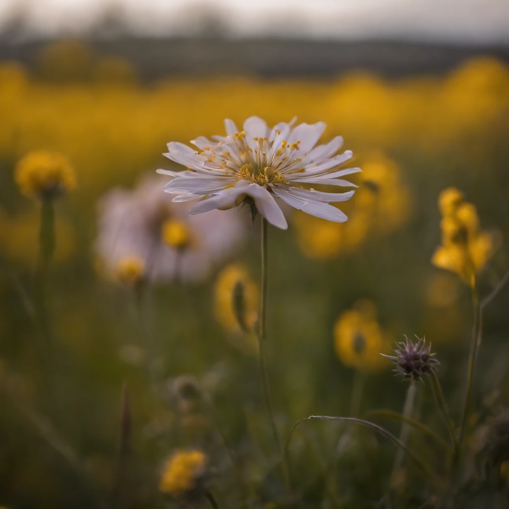 The tranquility of rape flowers blooming in the morning mist at autumn dawn,Soft golden tones depict the horizon of the flower fields and the sky,Scattered towards small wildflowers,IMAGE IN 2560X1440 PIXEL FORMAT
