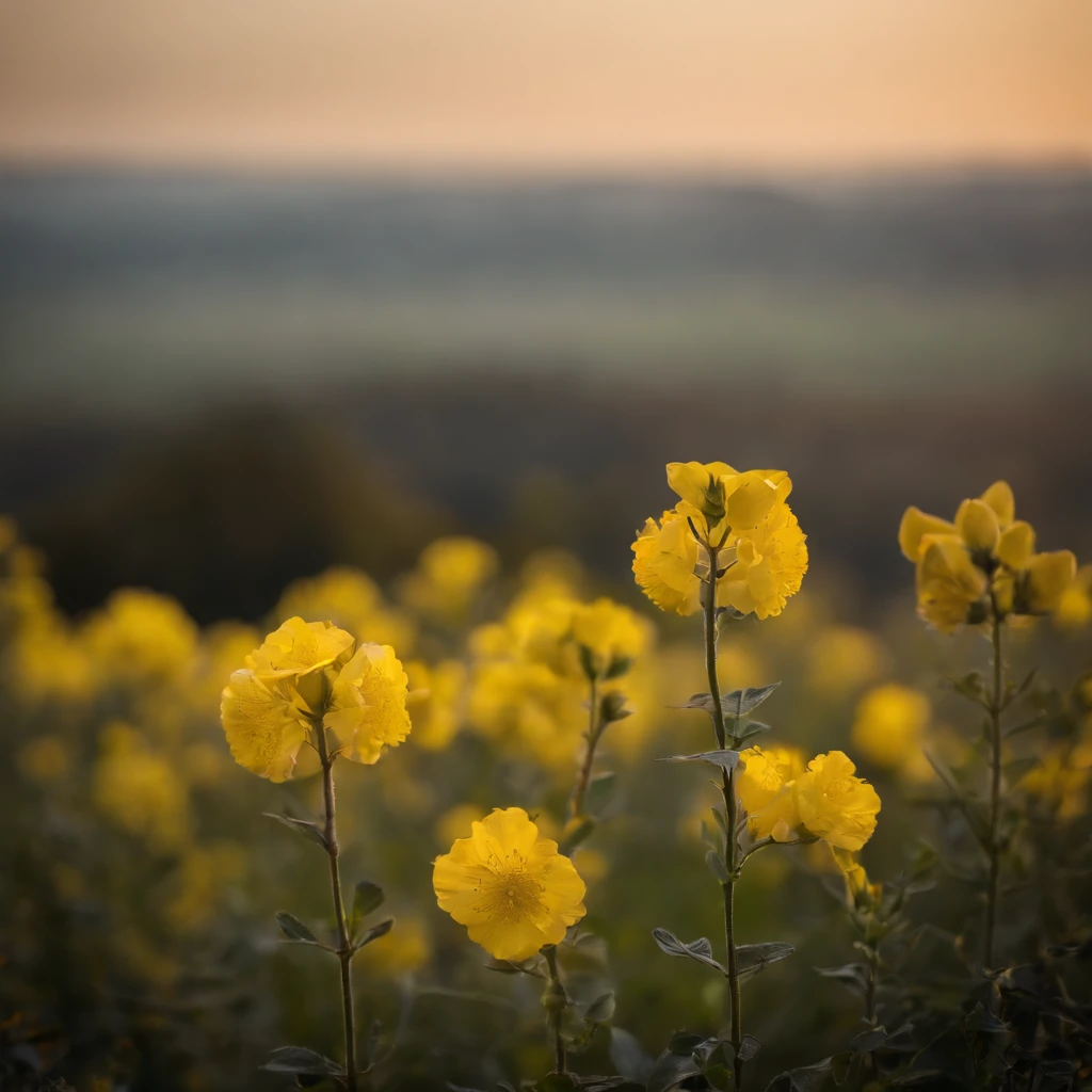 The tranquility of rape flowers blooming in the morning mist at autumn dawn，Soft golden tones depict the horizon of the flower fields and the sky，Scattered towards small wildflowers，IMAGE IN 2560X1440 PIXEL FORMAT