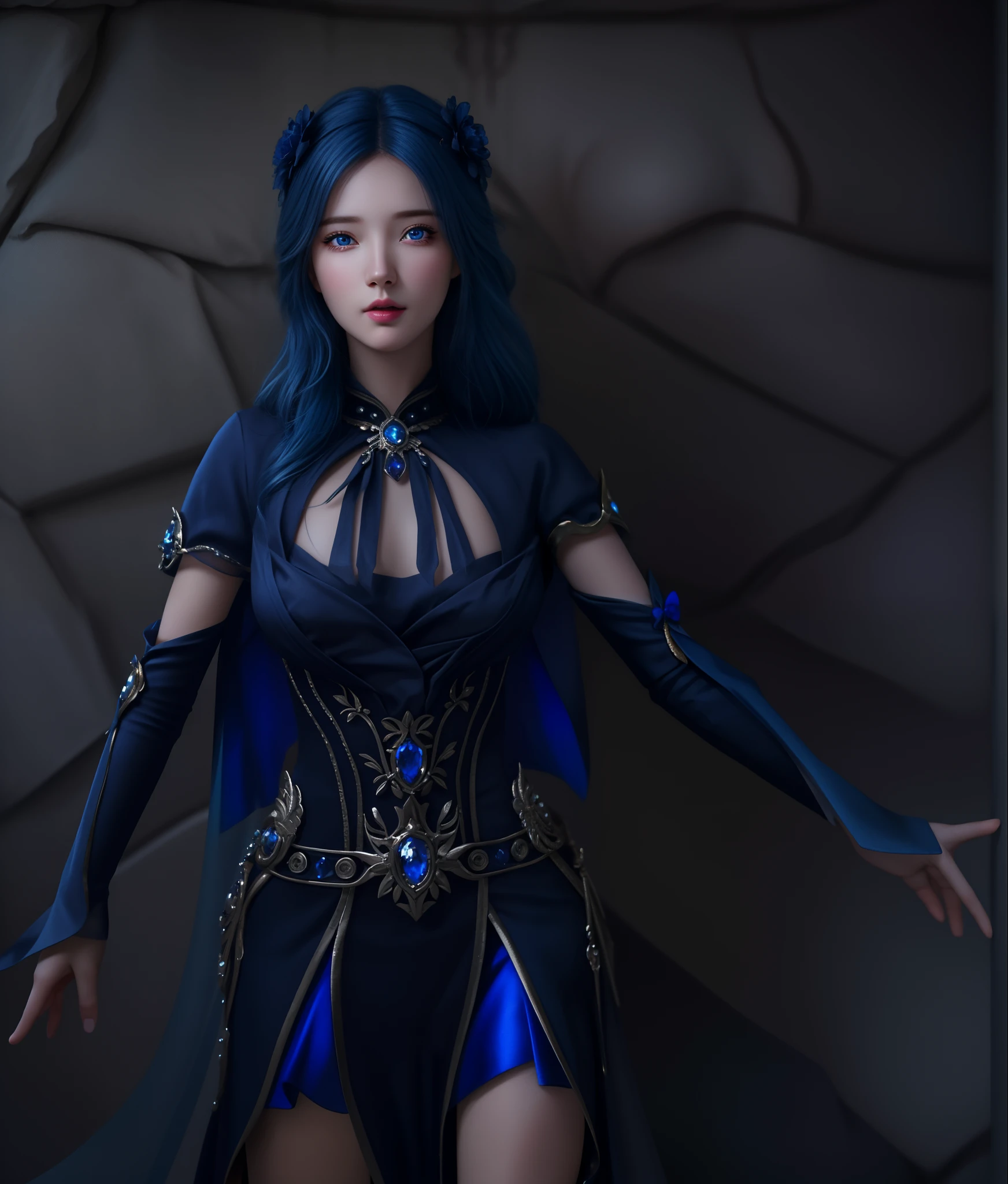 (hyperrealistic), (illustration), (high resolution), (8K), (extremely detailed), (best illustration), (beautiful detailed eyes), (best quality), (ultra-detailed), (masterpiece), (wallpaper), (photorealistic), (natural light), (rim lighting), (detailed face), (high detailed realistic skin texture), (anatomically correct), (solo), (1 girl), (high detailed realistic hair), (blue hair:1.2), (heterochromic eyes), (detailed blue eyes), (sparkling eyes), (small moles under the eyes), (realistic big breasts:1.5), (exposed nipple breasts:1.35), (long legs), (slender abs), (dynamic pose), (closed tiny mouth:1.3), nsfw,
