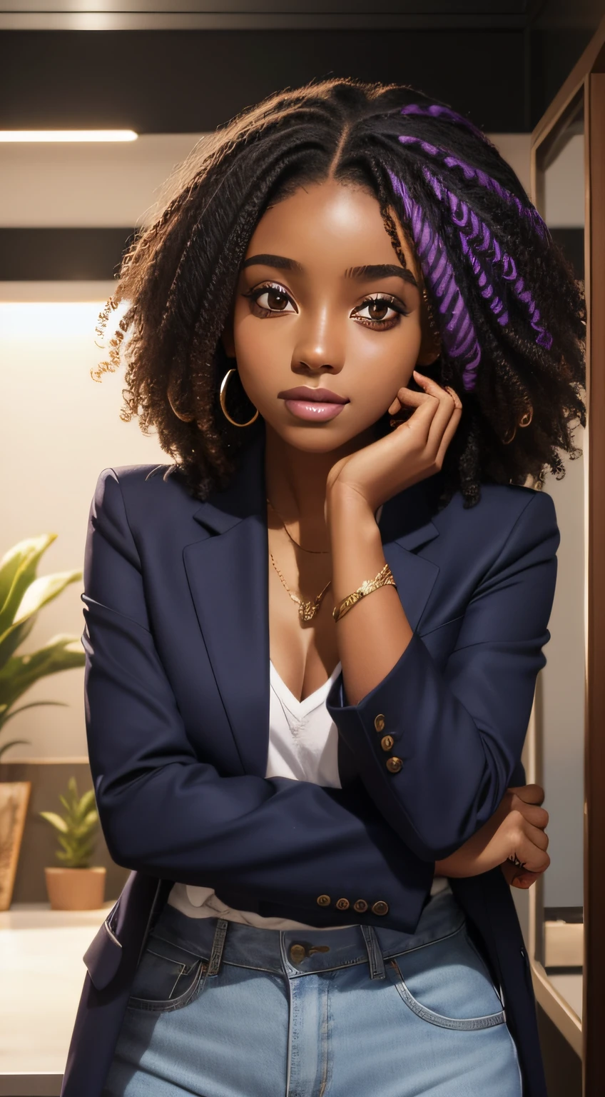 uma jovem africana, pele morena, pele escura, usando 4 joias, vestindo joias olhos castanhos sorriso no rosto belo olhar, cabelo escuro, cabelo cacheado, wavy hair brunette brown a blazer light lilac tone lilac, tom blazer mais fechado, sem decote, seios pequeno, peito pequeno, body image standing, standing on her feet, standing posture, Standing body, hands in pants pocket, front camera view, a conversation with someone, entrepreneur, profissional, elegante, dono de joalheria, 25 years looking directed at high quality 4K camera;