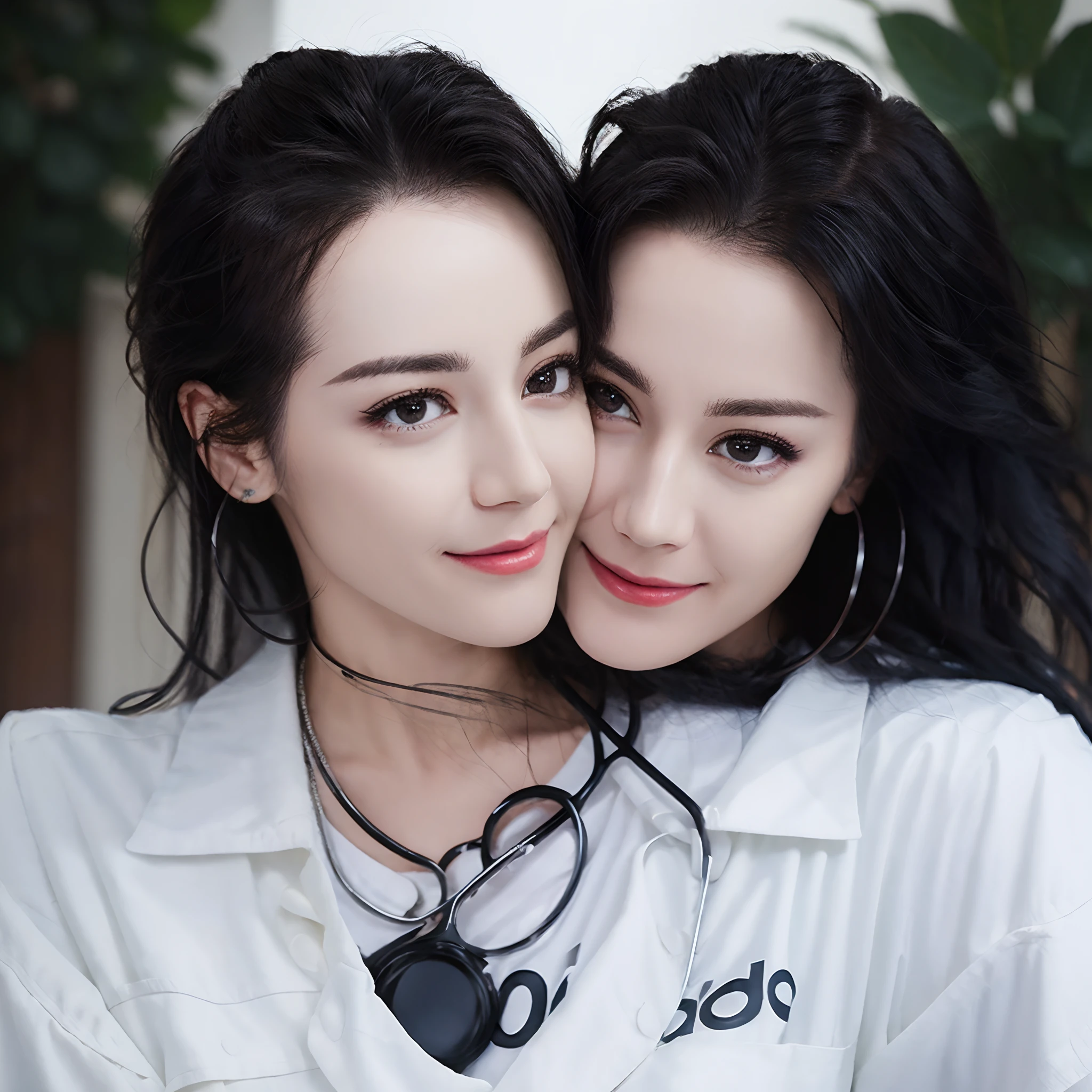 best resolution, 2heads, half-body shot, korean woman with two heads , white hair, black hair, hairbun and ponytail, different faces, hoodie, stage background