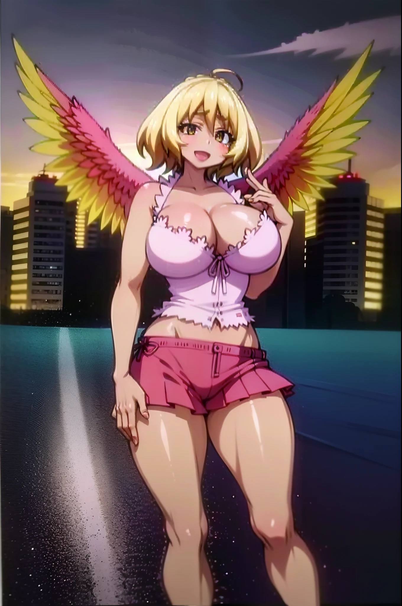 masterpiece, best quality, eldri, yellow wings, camisole, cleavage, pink panties, huge breasts, cowboy shot, waving, :D, hand to hip, looking at viewer, city, night, levitating, full body