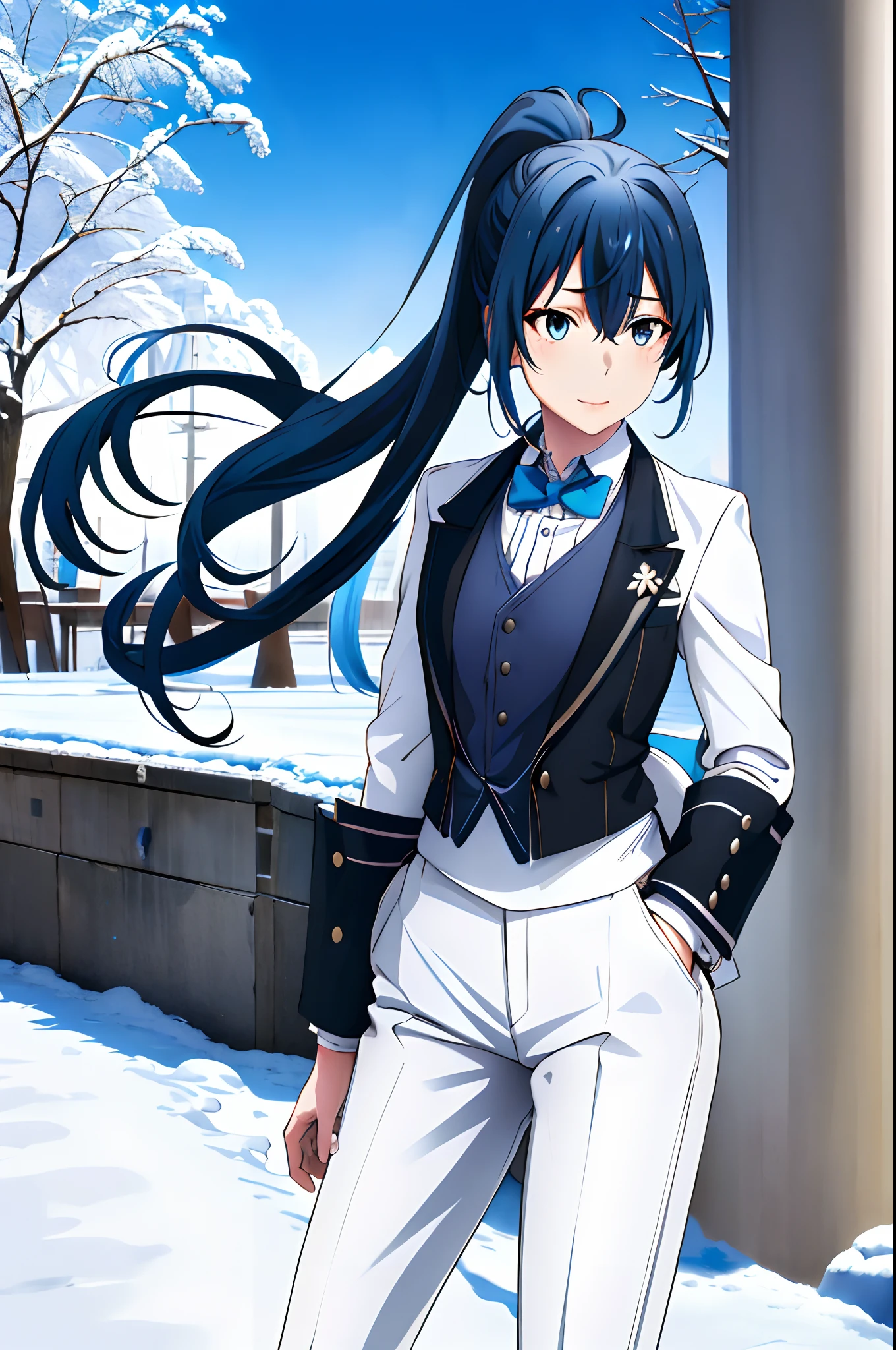 巨作, Best Quality,highres,da,ponytail ,white pants ,long  hair,1girl, Under the snow, Butler tail coat ,blue hair, eyes blue,Tail coat,striped,tight pants ,black shirt ,school,, blue, looking at the scenes,Badass Butler