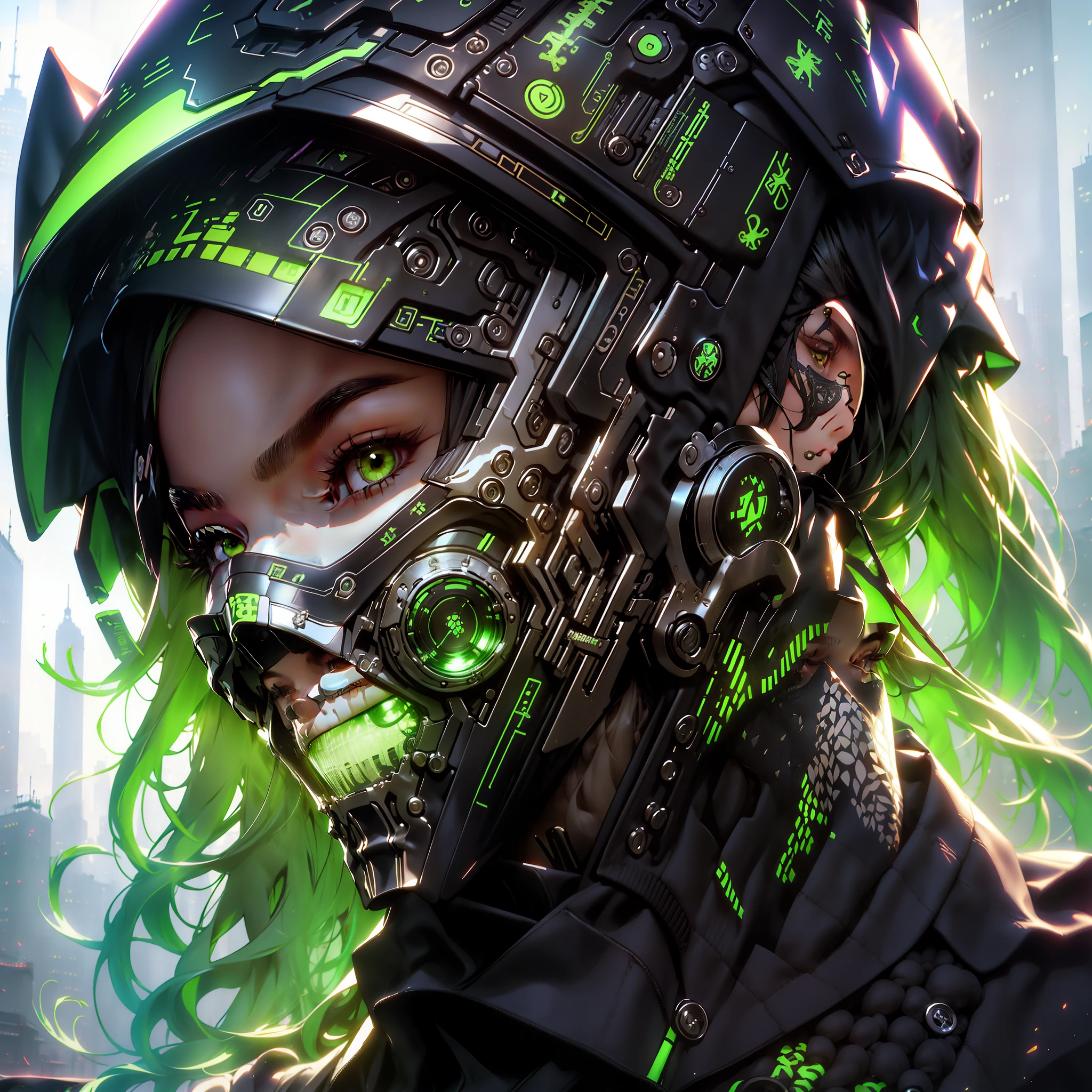 (detailed realistic,highres,city theme,half body potrait) A girl wearing mask is standing in the middle of a bustling city. The cityscape surrounds her, with tall buildings stretching into the sky and cars moving through the streets below. She is the central focus of the image, carefully captured in a photography masterpiece.

Her eyes gaze directly at the viewer, showcasing her determination and resilience. The mask she wears covers her mouth, adding a touch of mystery and emphasizing the importance of health and safety. The mask is intricately detailed, with delicate patterns and vibrant colors.

The girl's outfit is stylish and modern, reflecting the vibrant energy of the city. Her clothes are adorned with unique textures and patterns, showcasing her individuality. The lighting in the image is carefully crafted, highlighting the details of her attire and creating a sense of depth and dimension.

The city itself is bathed in a neon-purple glow, creating a surreal and enchanting ambiance. The lights from the buildings and street lamps cast colorful reflections on the girl's face and surroundings, adding to the overall atmosphere of the scene. The combination of the detailed realism and the vibrant colors creates a mesmerizing visual experience.

The overall image quality is of the highest standard, with every detail meticulously captured. From the fine lines in the girl's eyes and lips to the texture of her clothing, every element is rendered with precision. The image has a sharp focus, immersing the viewer in the richness of the scene. The realistic details bring the cityscape to life, making it feel almost tangible.

This prompt combines the elements of a city theme, a half body portrait of a girl wearing a mask, and the highest quality photography masterpiece, resulting in a detailed and realistic image with a captivating neon-purple glow.