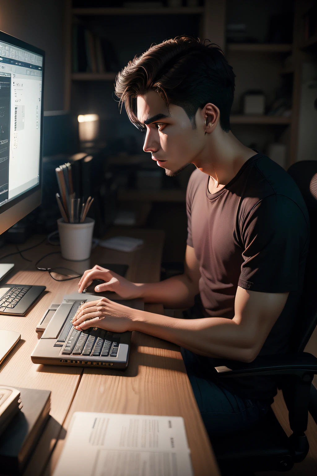 computador, tela, Young man working with editing, cinematic lighthing, AdobePhotoshop,