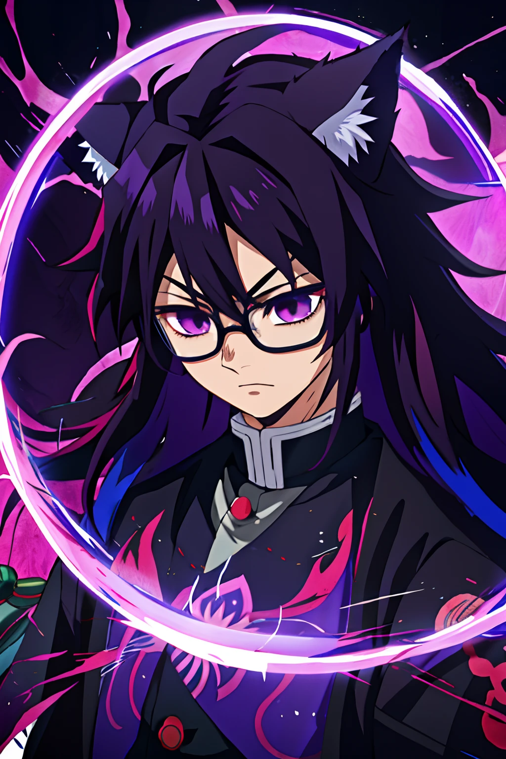 1 Boy oni , alone, Black fox ears, black fox tail, purple hair, long hair, crystal powers, anime, Kimetsu no yaiba, demon Slayer, Oni character, fox eyes, purple eyes, round glasses, purple glasses, fox face details, no human ears