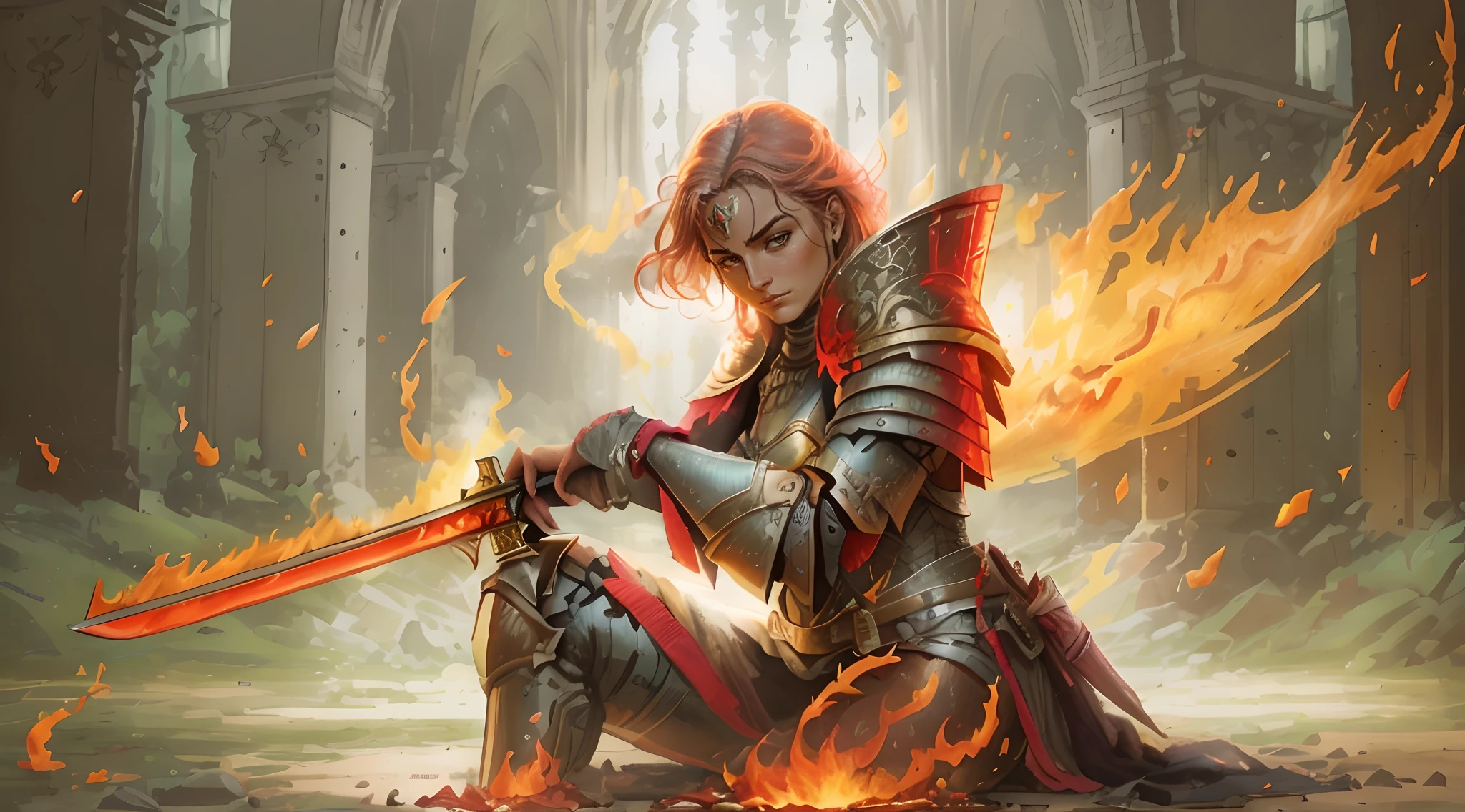 An armored paladin woman kneeling on one knee holding a flaming sword, abstract beauty, Centered, Looking at the camera, Facing the camera, nearing perfection, Dynamic, Highly detailed, smooth, Sharp focus, 8K, high definition resolution, illustration, adobe illustrator, Art by Ramil Sunga, Casper Konefal, Nick Thornborrow, and Matt Rhodes