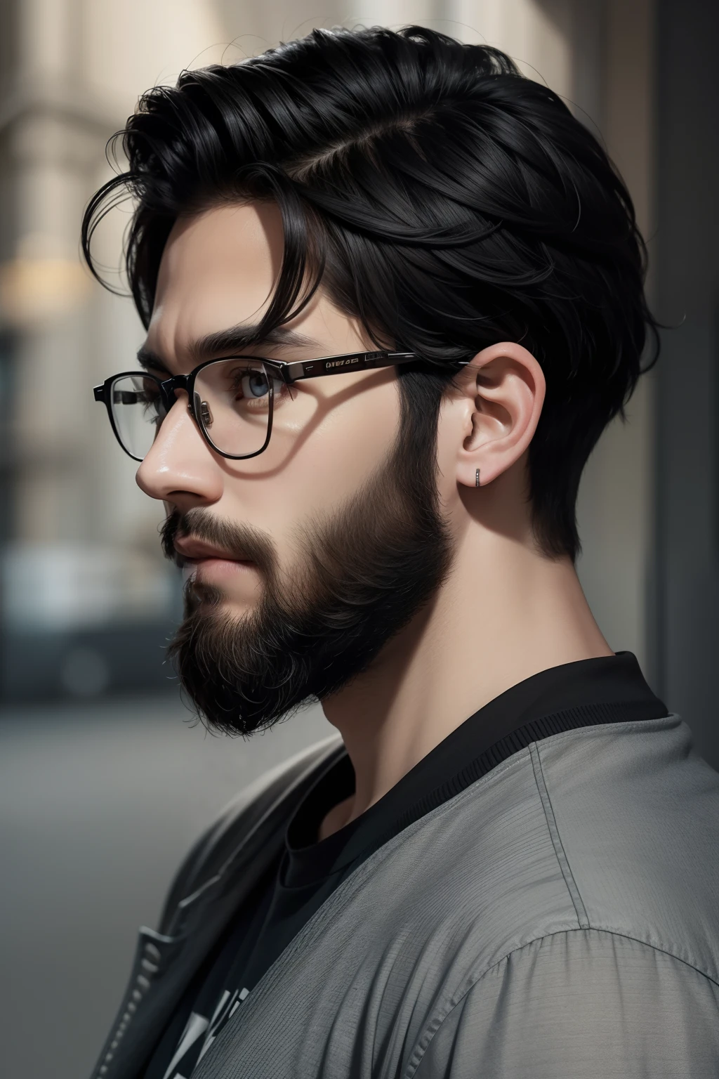 official art, masterpiece, sharp focus, Young guy, glasses, beard, black hair,, casual clothing, streaming, profile pic