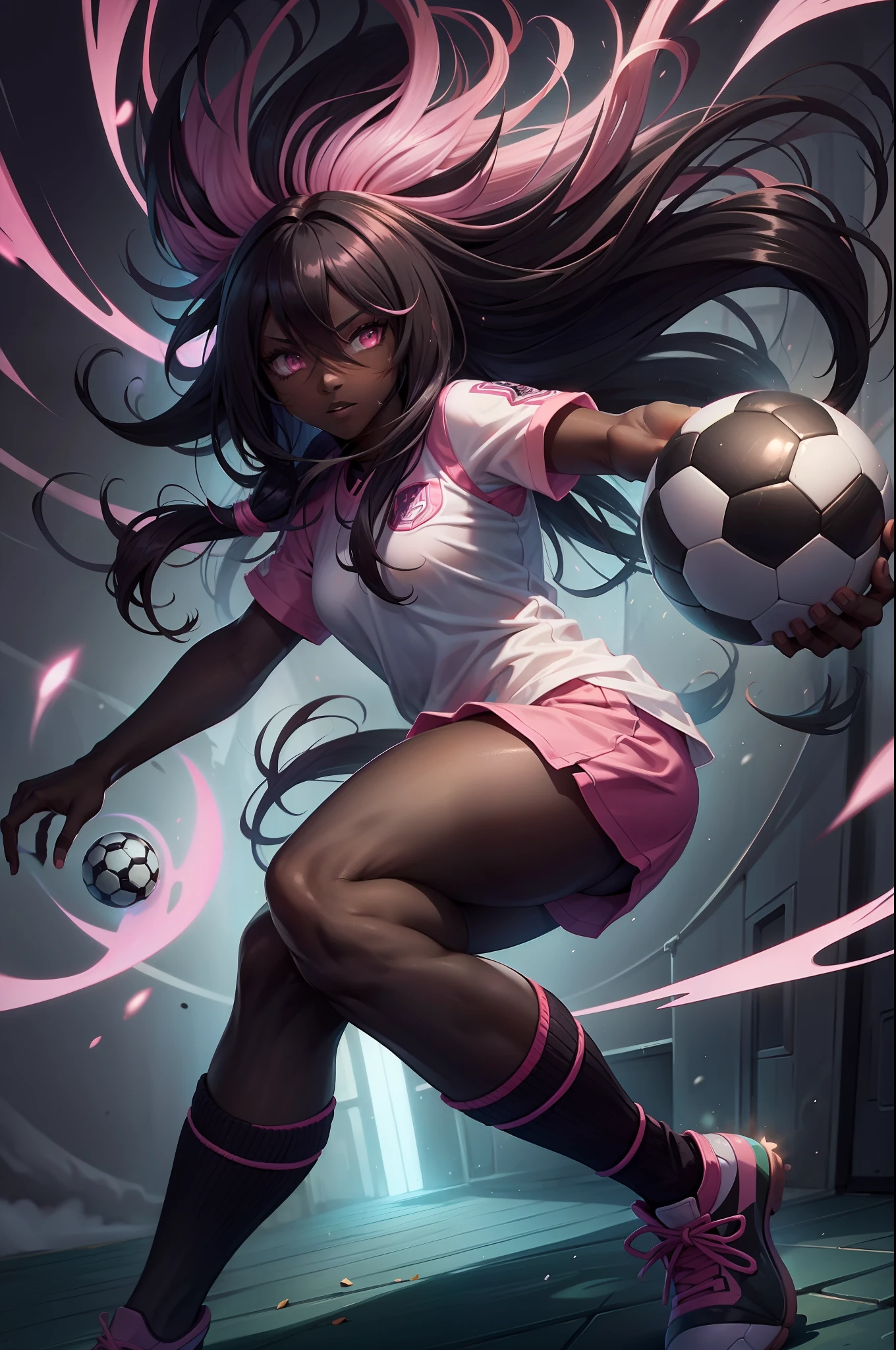 (black skin), pink long hair, soccer uniform