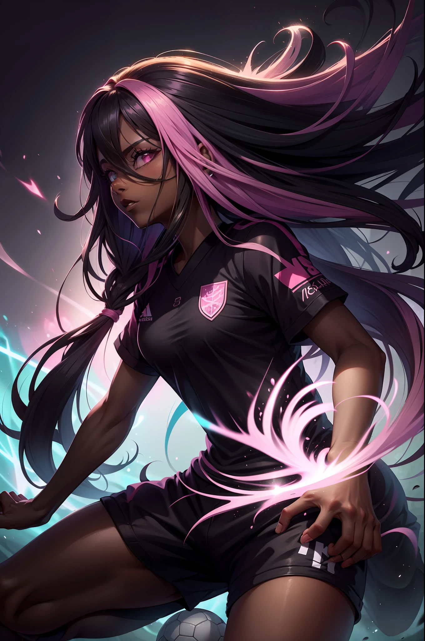 (black skin), pink long hair, soccer uniform