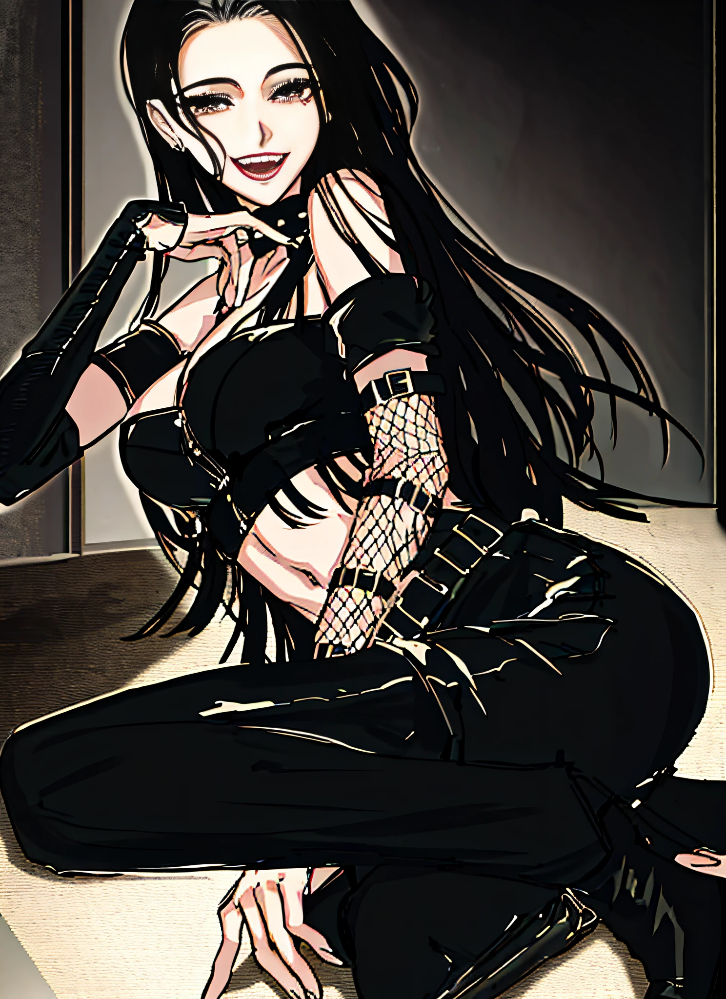 highres, official art, (masterpiece, best quality, absurdres, highly detailed), (best illumination, best shadow), ((anime, anime girl)), mature, mature female, a drawing of a woman with long hair and a black top, anime goth girl, black on white line art, nico robin, full body, sinister pose, long hair, black hair, fishnet sleeves, fishnets, detached sleeves, black bra, black pants, black footwear, black boots, knee boots, black sleeves, nice belly, ribs, thin, skinny, long navel, neck ribbon, black belt, black ribbons, parted bangs, forehead, looking at viewer, smile, open mouth, earings, black eyes, kneeling, indoors, detailed background, modern room