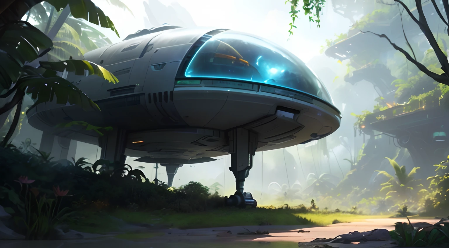 spaceship in the jungle with a man in a window, space ship above an island, concept art-h 640, spaceship concept art, spaceship being repaired, concept art 8 k, landed spaceship in background, lush garden spaceship, sci-fi digital painting, retro sci-fi spaceship, futuristic spaceship, utopian space ship, 8 k high detail concept art