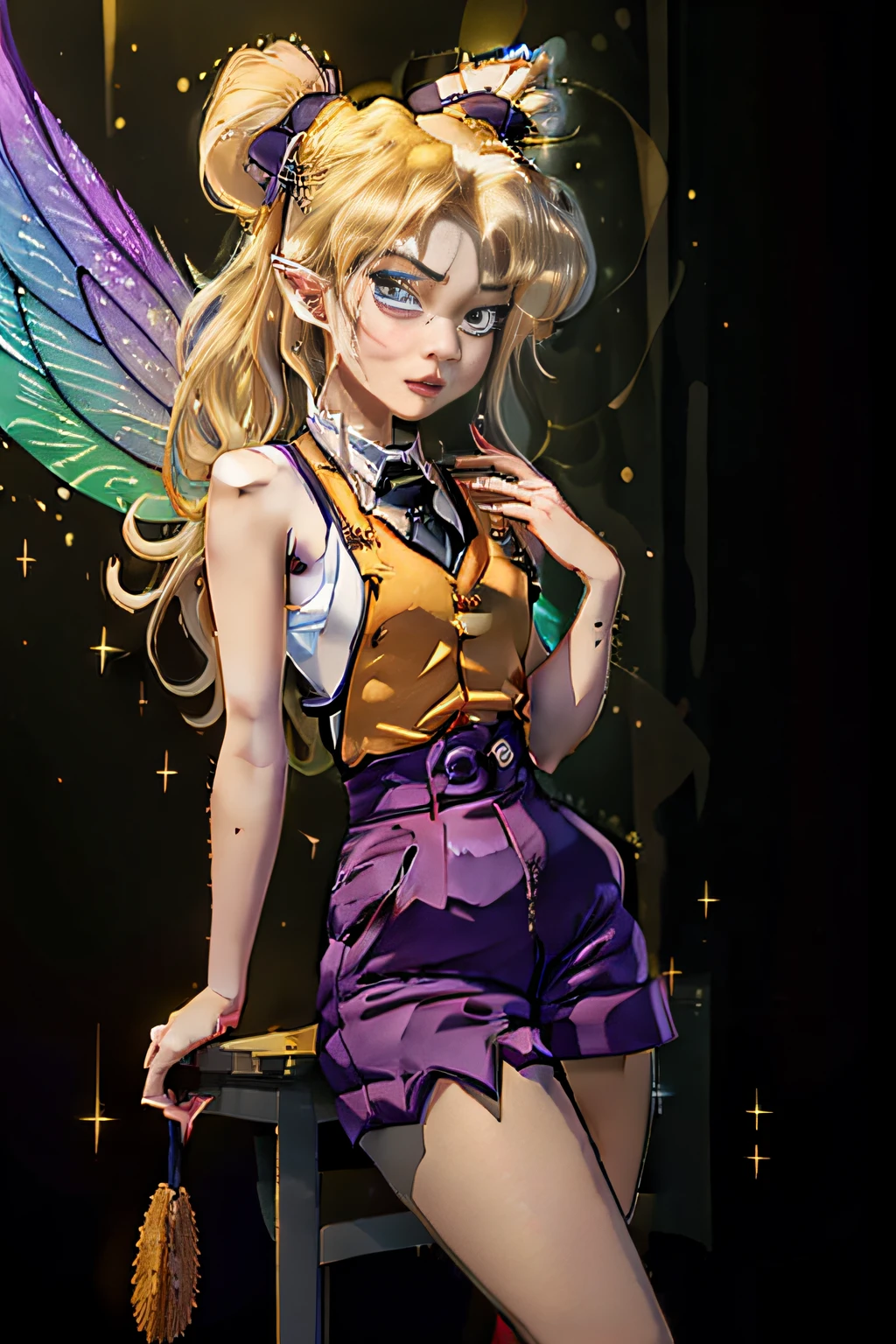 Fairy, green skin, grassy skin, textured skin, large ears, elfin ears, Chinese eyes, slender eyes, droopy eyes, deep-set eyes, purple eyes, amethyst-like eyes, wings, sparkling wings, sunflower wings, flower-like wings, sunflower-like wings, releasing glitter, surrounded by purple glitter, glitter everywhere, sparkling glitter, slender legs, monster legs, insect-like monster legs, insect legs, praying mantis-like insect legs, wearing a t-shirt, formal shirt, short-sleeved formal shirt, short-sleeved pom-pom style formal shirt, short-sleeved light brown striped formal shirt, shorts, overalls shorts, overall outfit, orange-brown shorts, a little ribbon tie, pink ribbon tie, mischievous expression, playful expression, seductive expression, dreamy look, shiny dreamy look, with lip piercings, side lip piercings, lip piercings on the sides, nose, small nose, animalistic nose, small animalistic nose, small reindeer-like animalistic nose, eyebrows, arched eyebrows, dark eyebrows, arched dark eyebrows, long hair, wavy long hair, yellow wavy long hair, burnt yellow hair, wavy yellow hair, long fingers, witch-like hands, holding hands, holding a white brownie, small French pastry, light freckles, facial freckles, green facial freckles, moss-green facial freckles, leaf-green facial freckles, medium neck, feminine neck, tall neck, shoulders, low shoulders, drooping shoulders, slender shoulders, medium-sized body, hourglass figure, cute body, kawaii body, prismatic body, woman, flat-chested woman, woman without protrusions, feminine woman, seductive woman, genius woman.