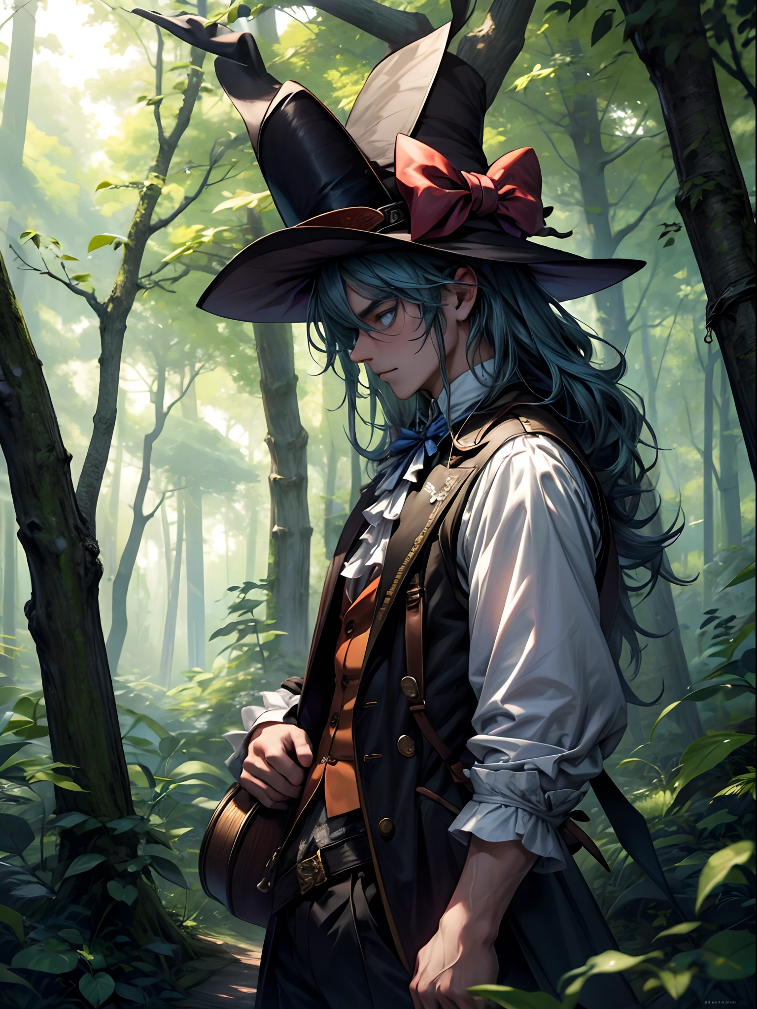 A man, mad hatter, in the forest