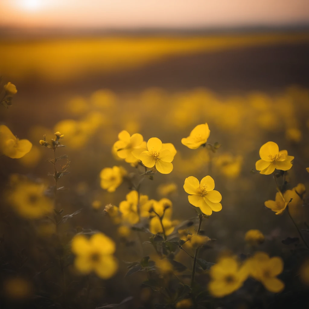 The tranquility of rape flowers blooming in the morning mist at autumn dawn,Soft golden tones depict the horizon of the flower fields and the sky,Scattered towards small wildflowers,IMAGE IN 2560X1440 PIXEL FORMAT