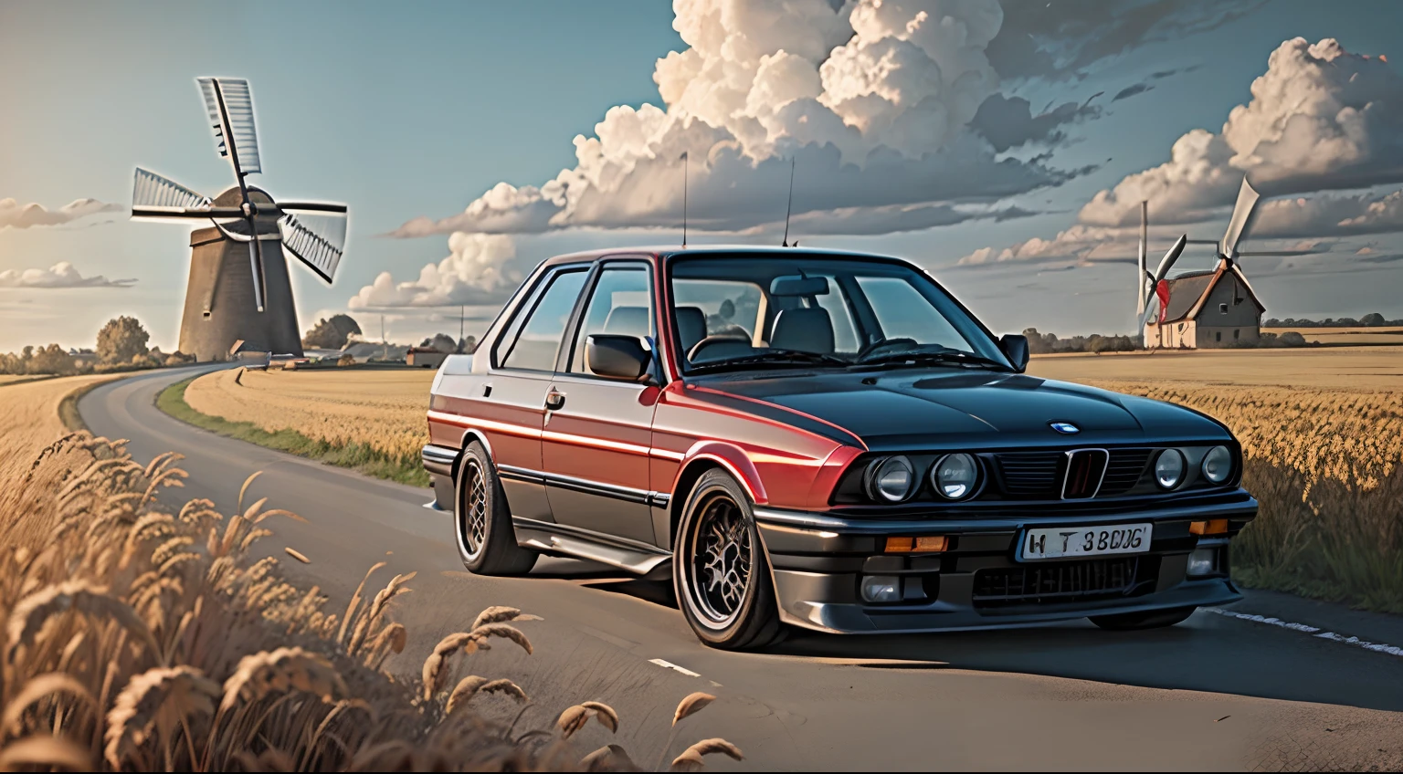 old red BMW e30 car, dirt road, wheat field, old windmill, sunny, clouds