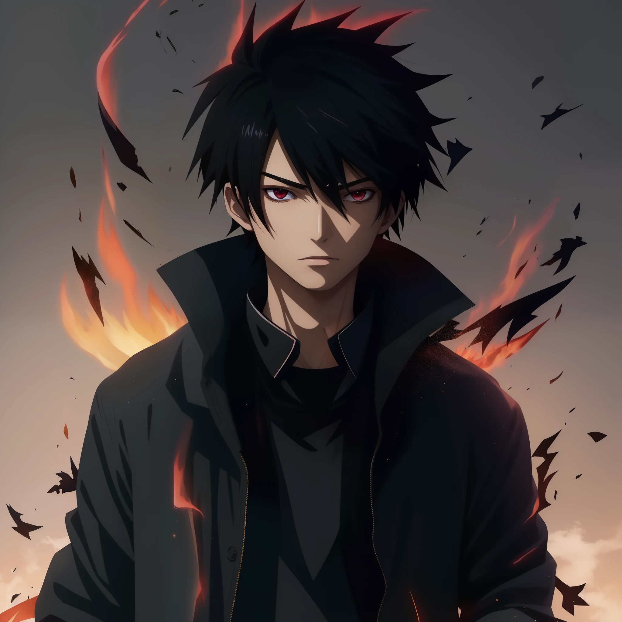 Anime boy with black hair and black jacket standing in front of a fire, Okata Kazuto., ****** anime, Epic anime style, inspirado em Okumura Masanobu, badass anime 8 k, como um personagem de anime, fire!! corpo inteiro, estilo anime masculino, jovem homem de anime, (fire), personagem de anime, Anime Wallaper, personagem de anime masculino