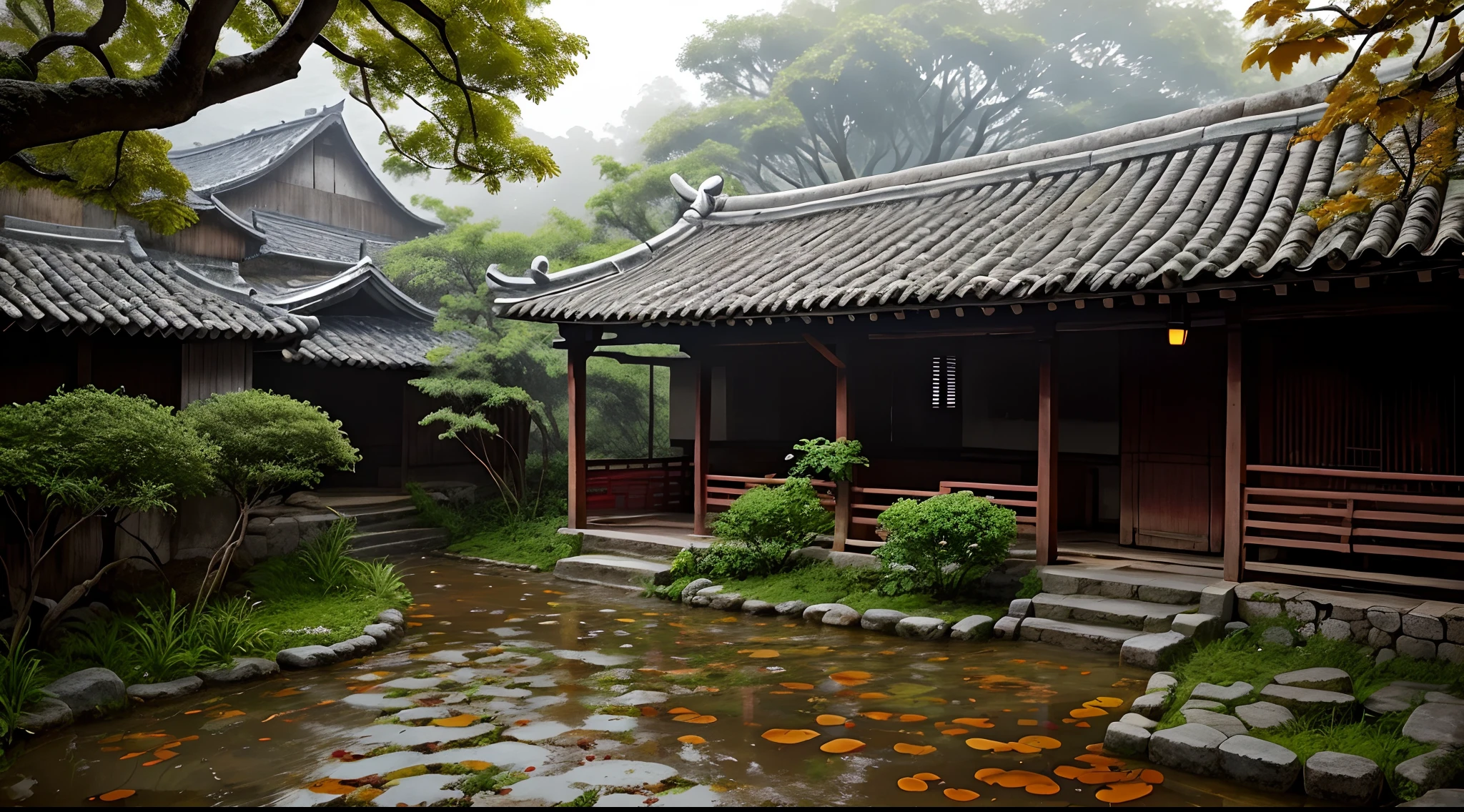 Chuva e chuva,outonal, Stone paths in wetlands,Old house in Jiangnan courtyard, An old tree with persimmon,(Caqui pendurado em galhos:1.1),Huijiangnan style architectural courtyard,smoke and hazy rain,nevoeiro fino,encharcado,Senso de Idade,The backyard is the main shooting effect,Very obvious details,Efeitos de disparo HD,SLR Shooting Camera。
